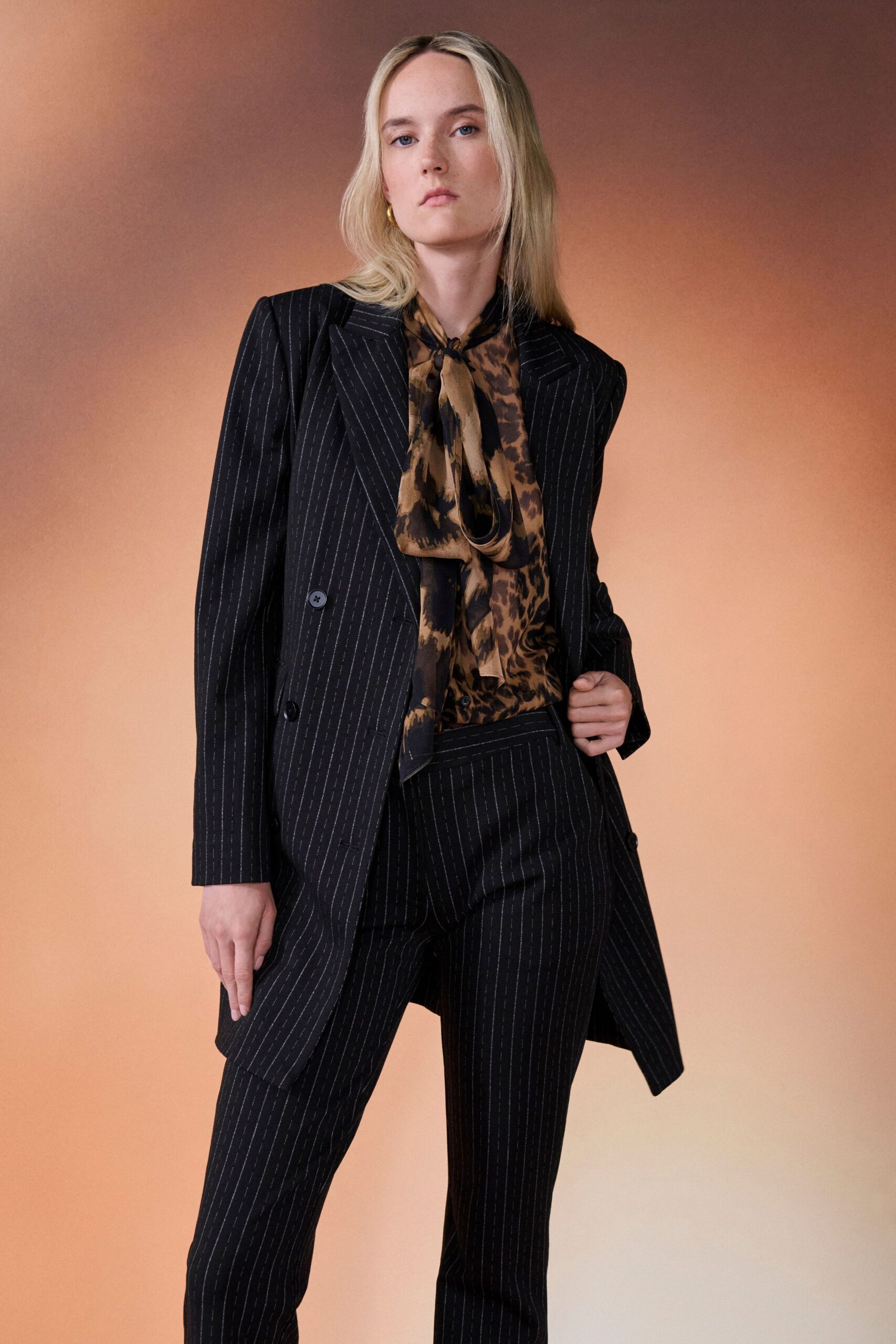 brown silk long-sleeve collared fitted animal-print blouse