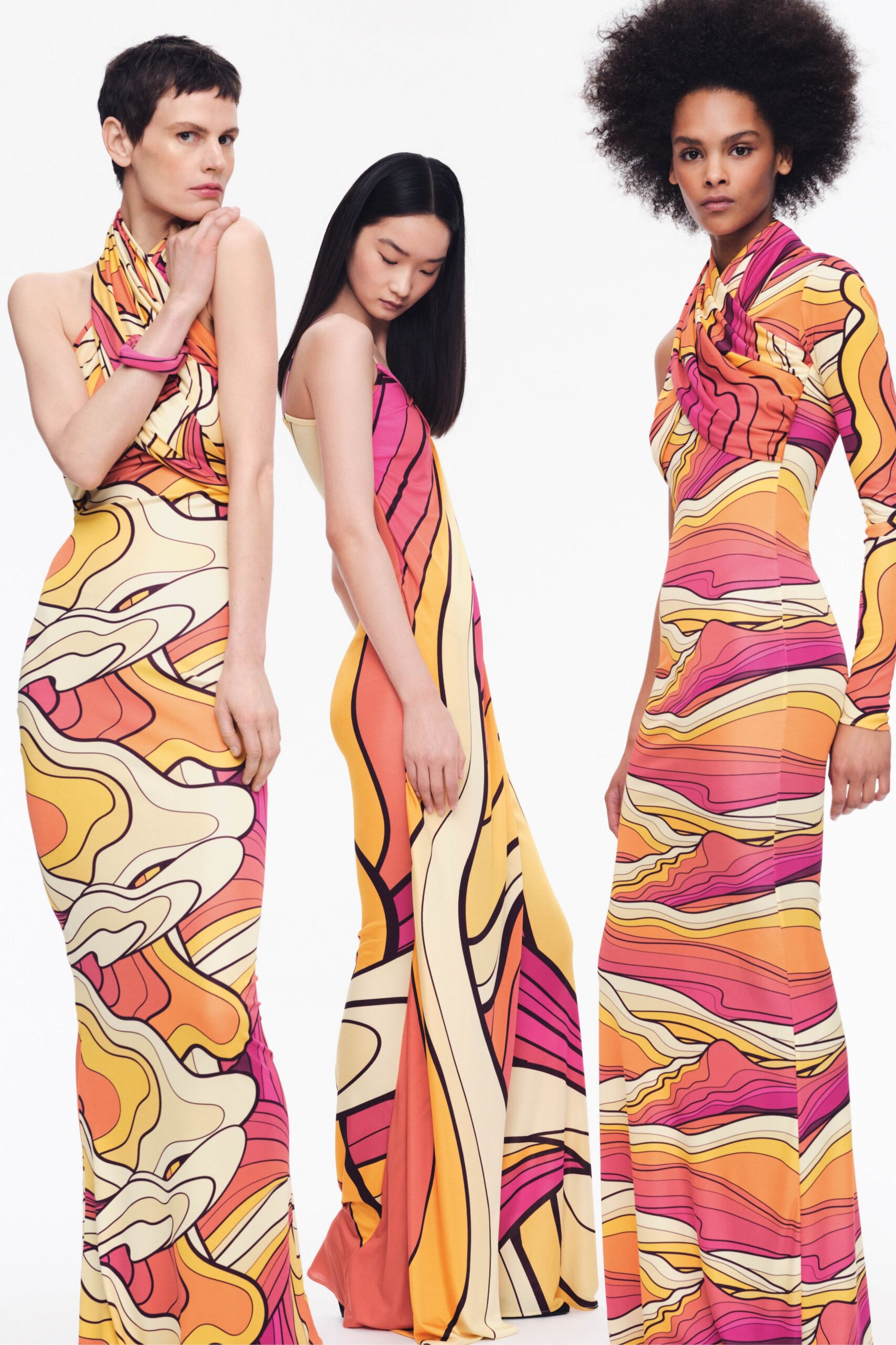colorful draped maxi gowns