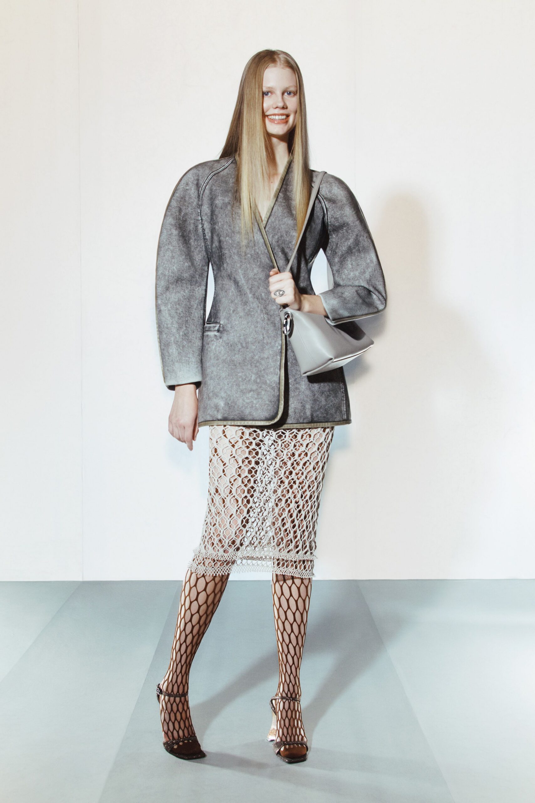 gray leather long-sleeve collared structured buttoned jacket