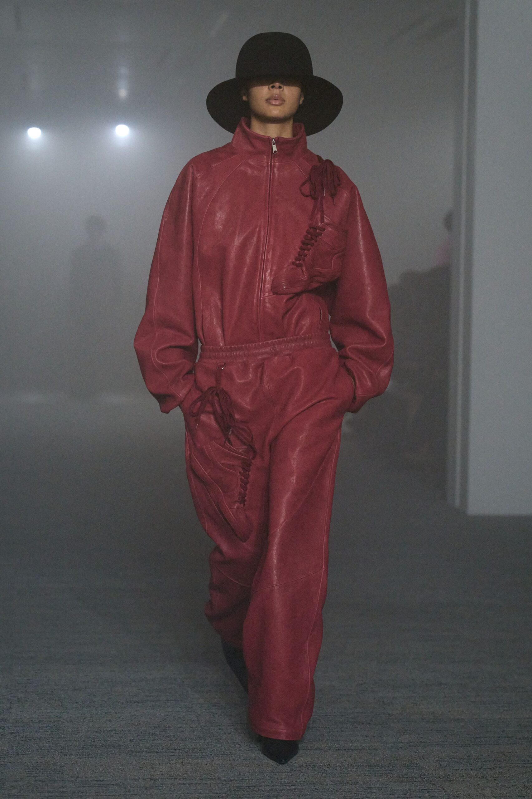 red leather long-sleeve relaxed zippered pockets jumpsuit