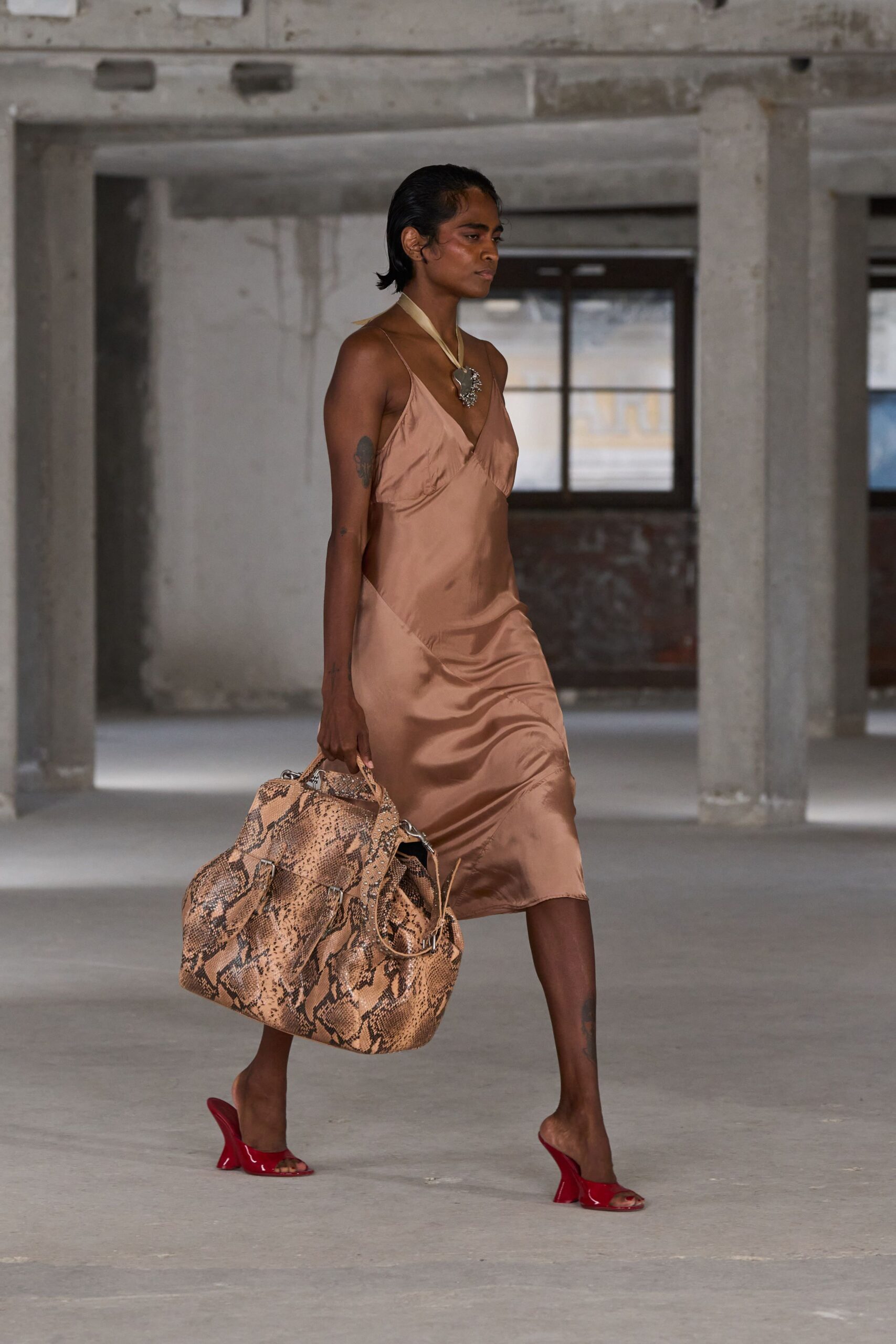 brown silk sleeveless v-neck fitted shiny midi dress