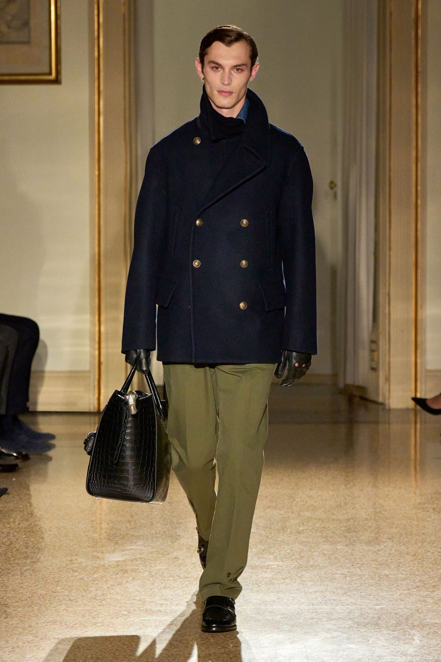 navy wool coat with olive pants