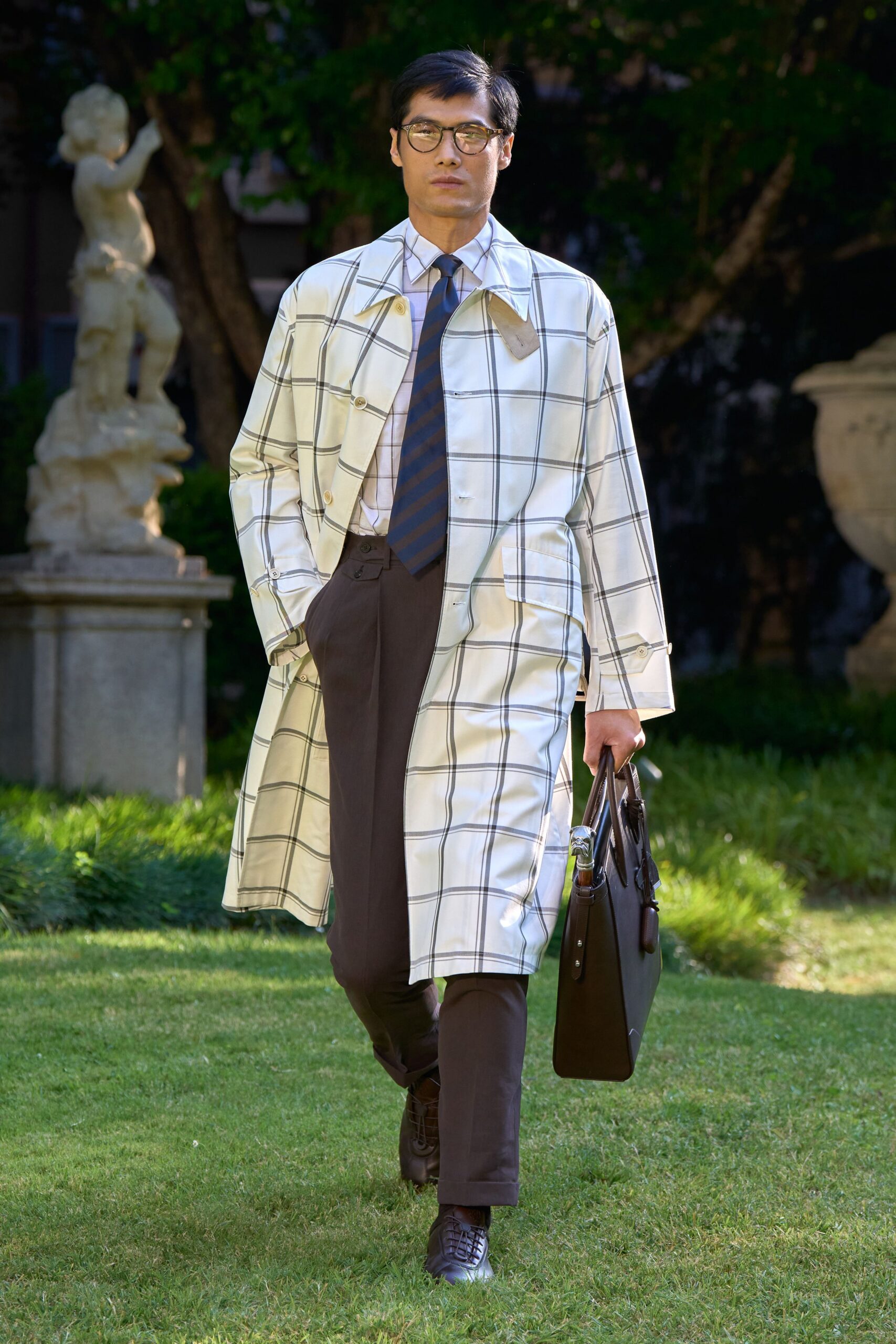 checked coat with tailored pants