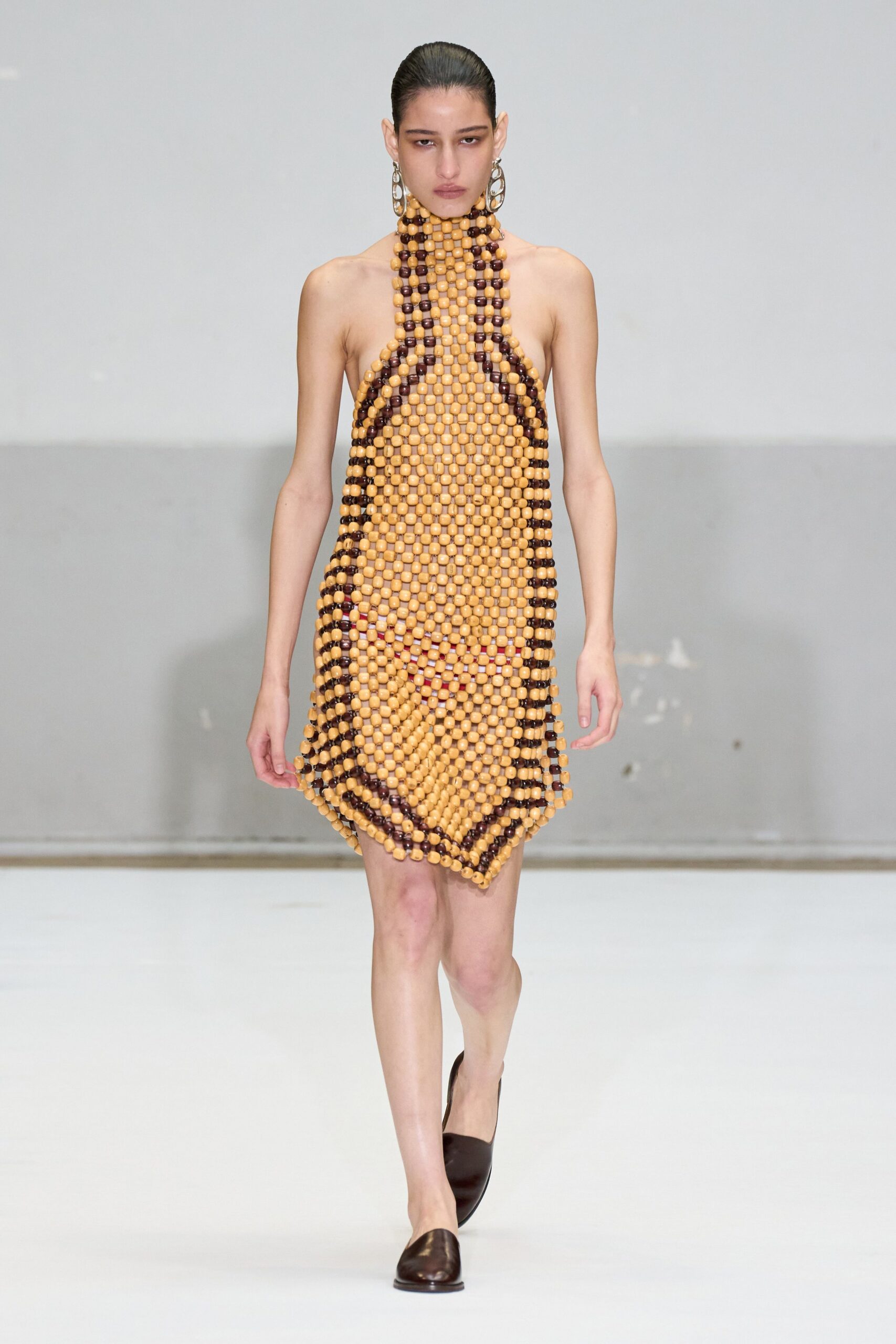 orange silk sleeveless high-neck fitted beaded mini dress