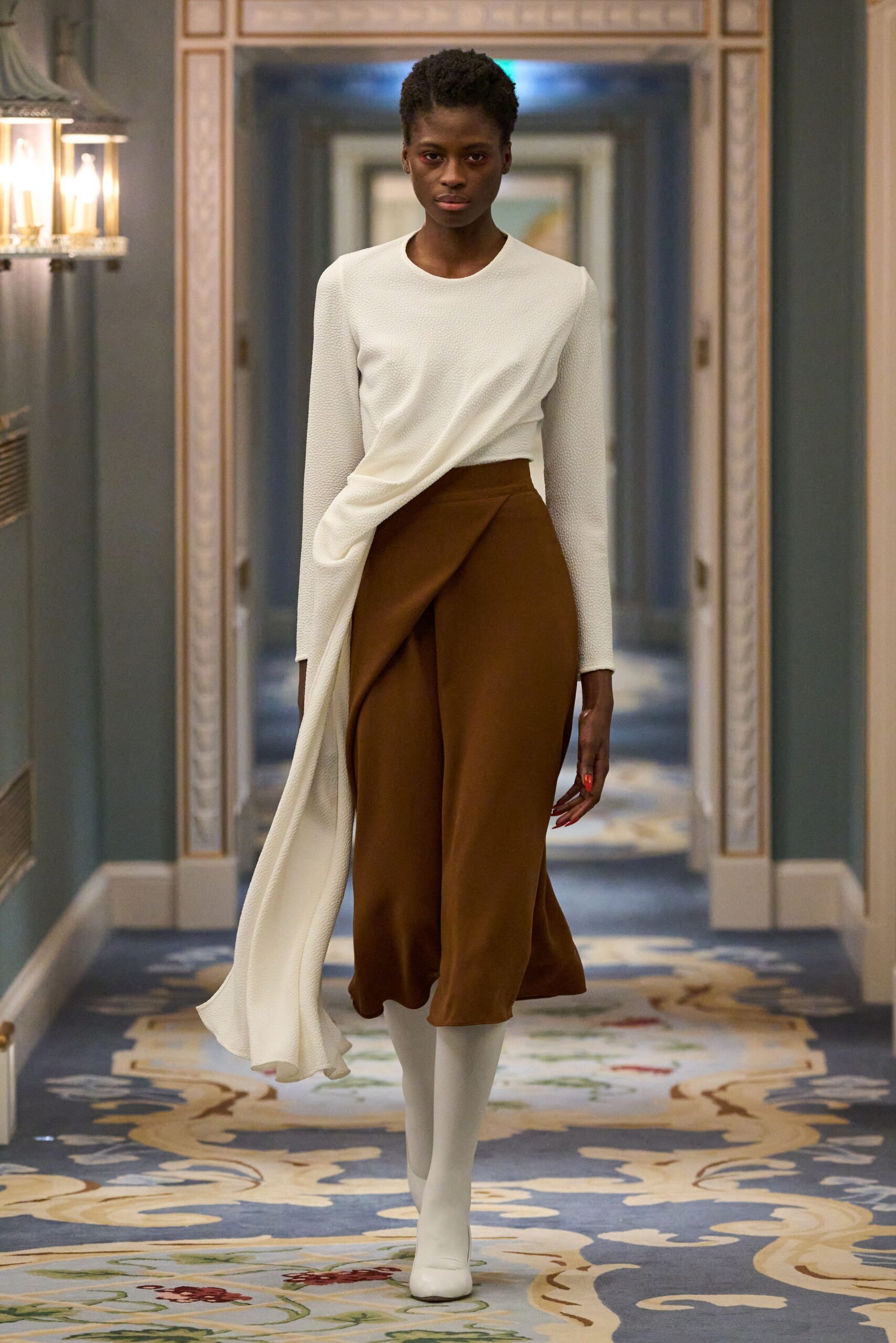 brown wool asymmetric relaxed pleated midi skirt