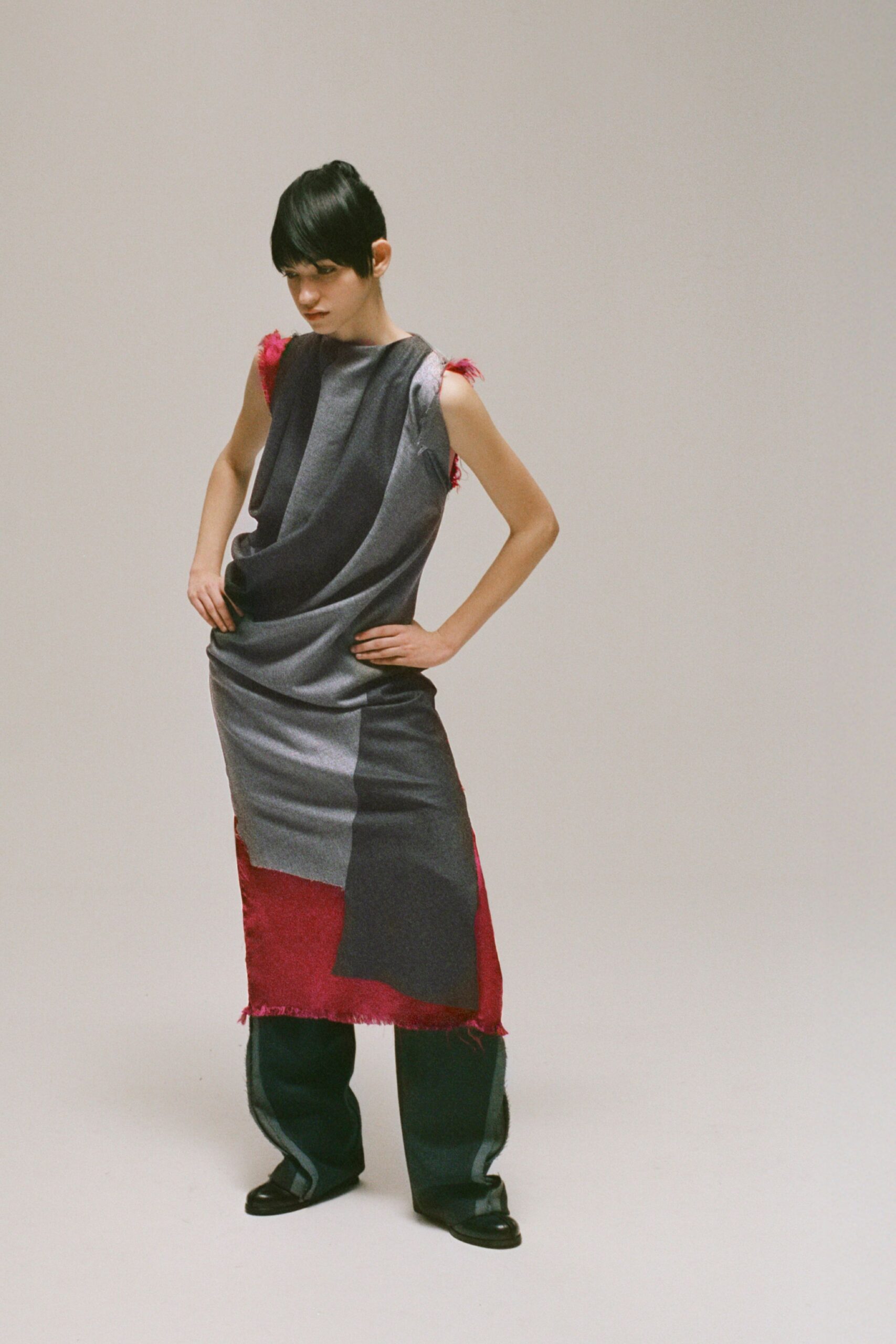 gray cotton sleeveless fitted draped layered midi dress