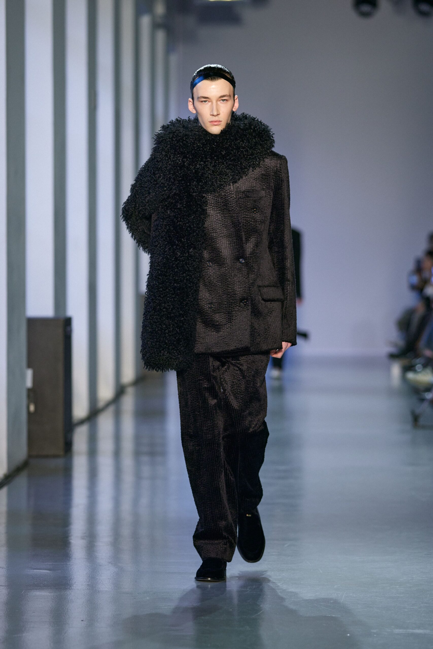 black velvet long-sleeve collared tailored textured suit