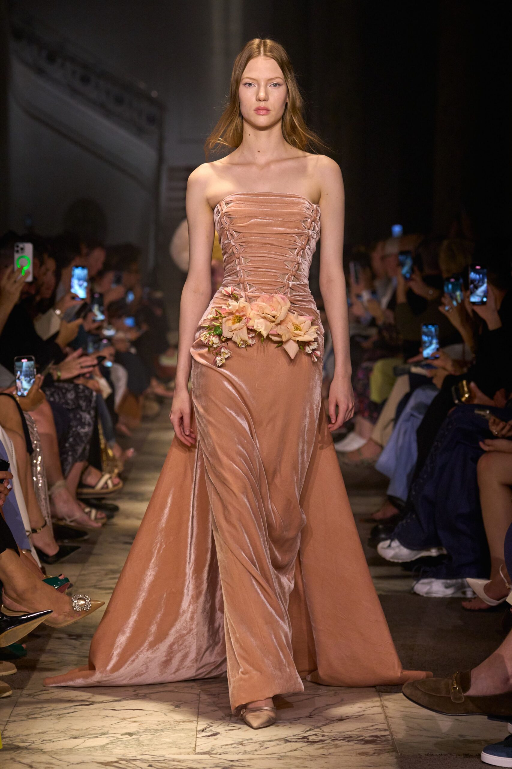 pink velvet strapless gown