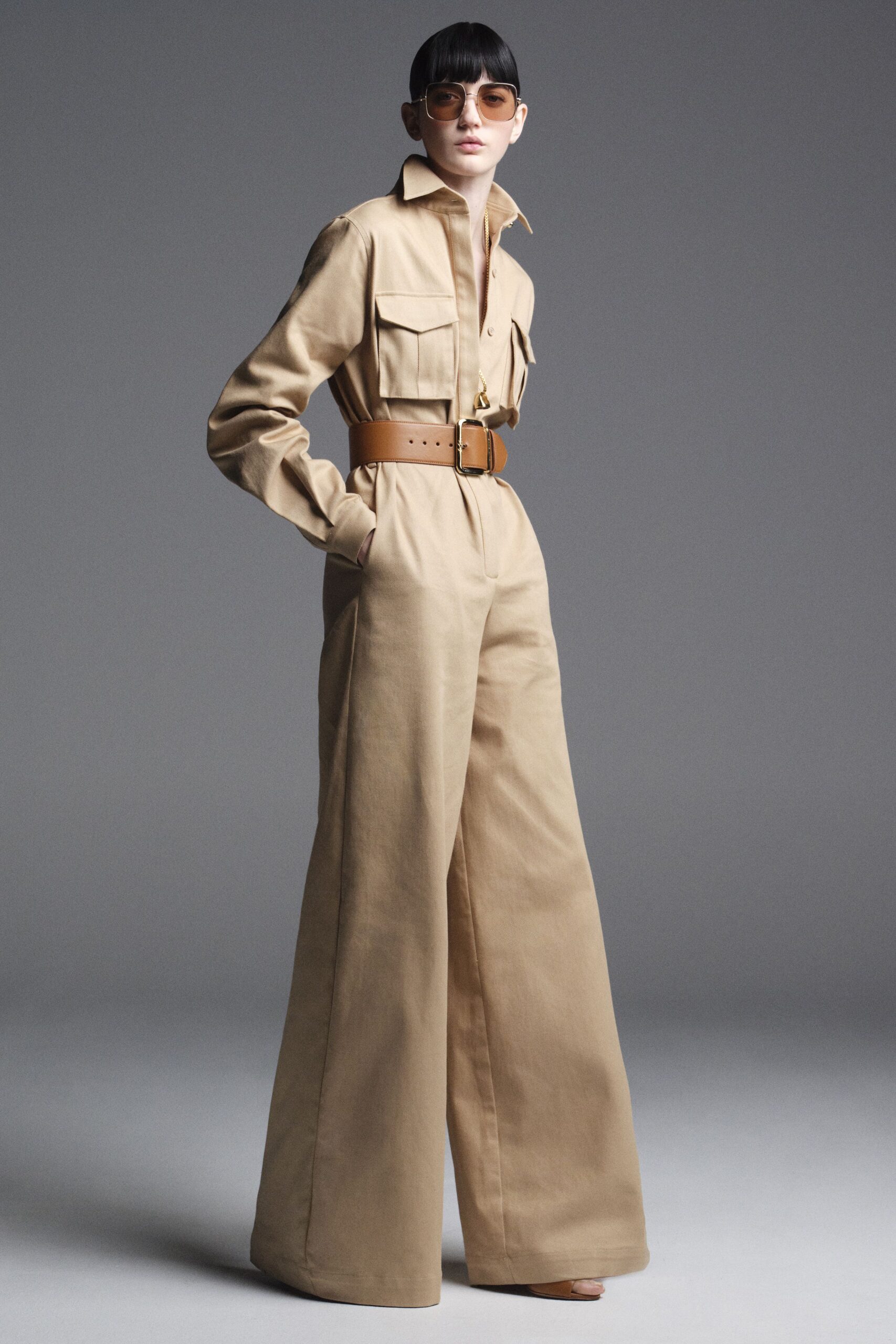 beige cotton long-sleeve collared relaxed wide-leg buttoned jumpsuit