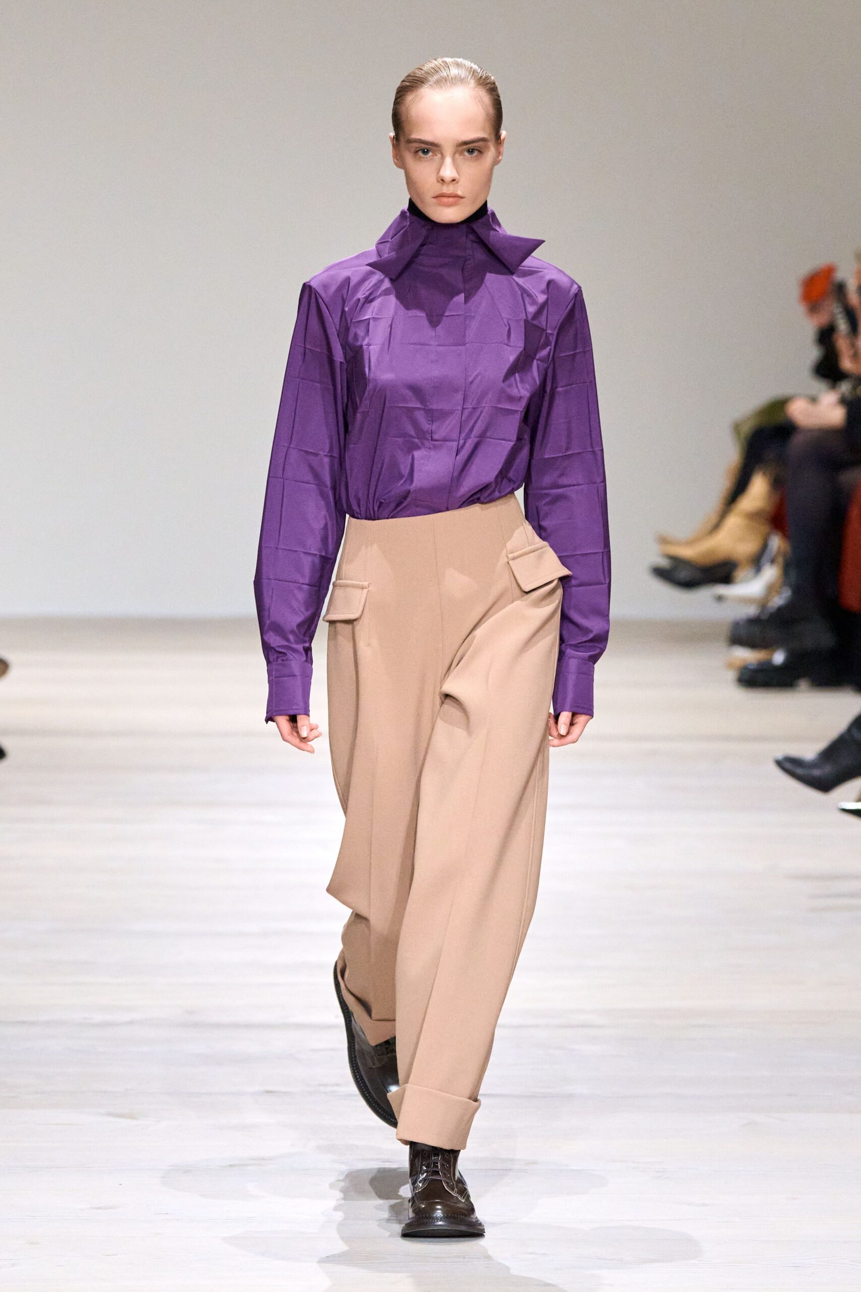 purple cotton long-sleeve collared relaxed pleated shirt