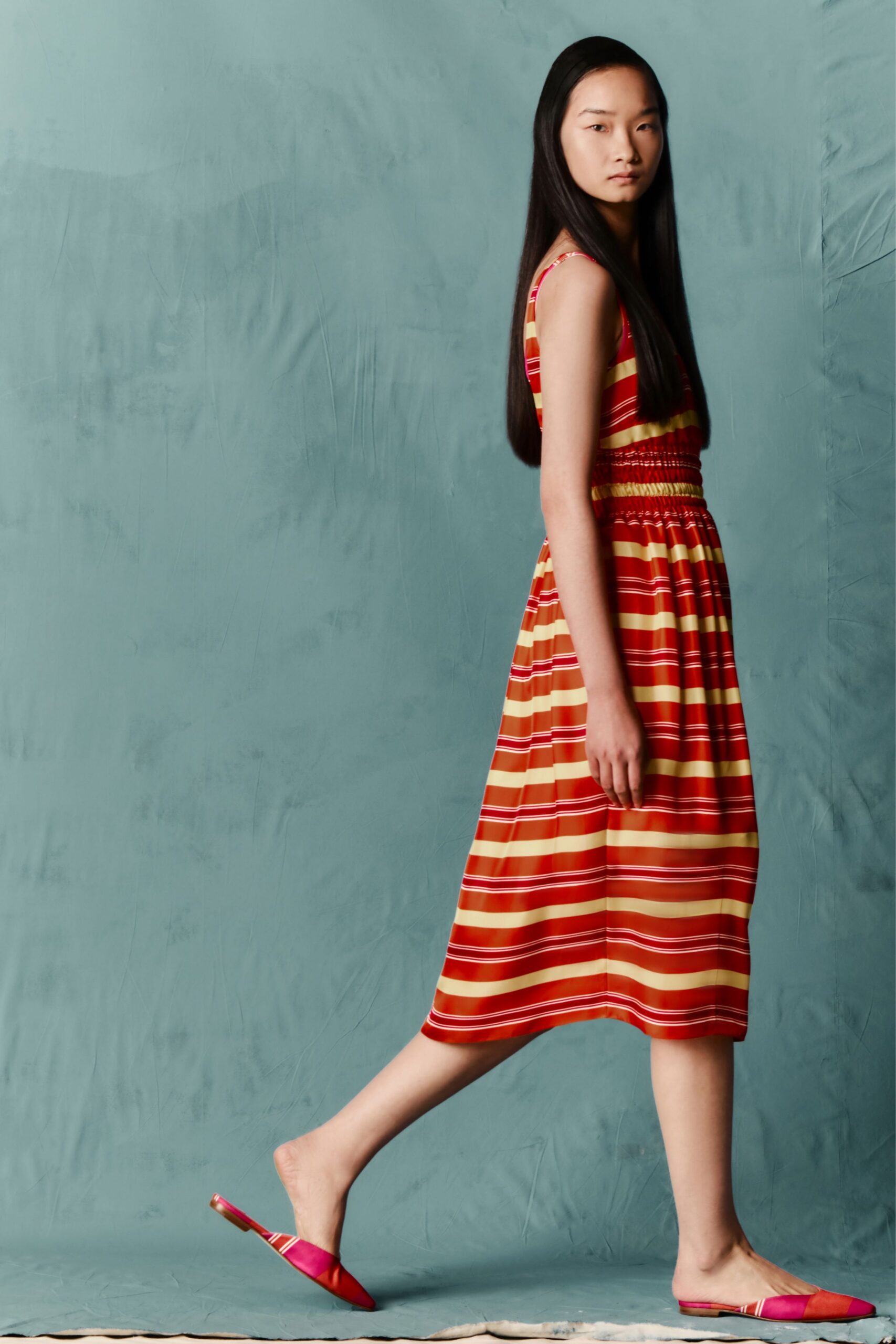 red cotton sleeveless v-neck fitted striped tiered dress