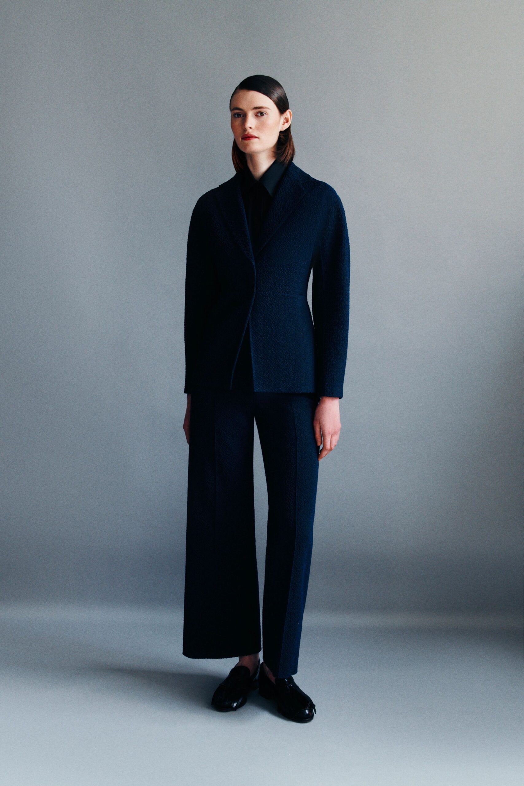 navy tailored blazer with relaxed pants