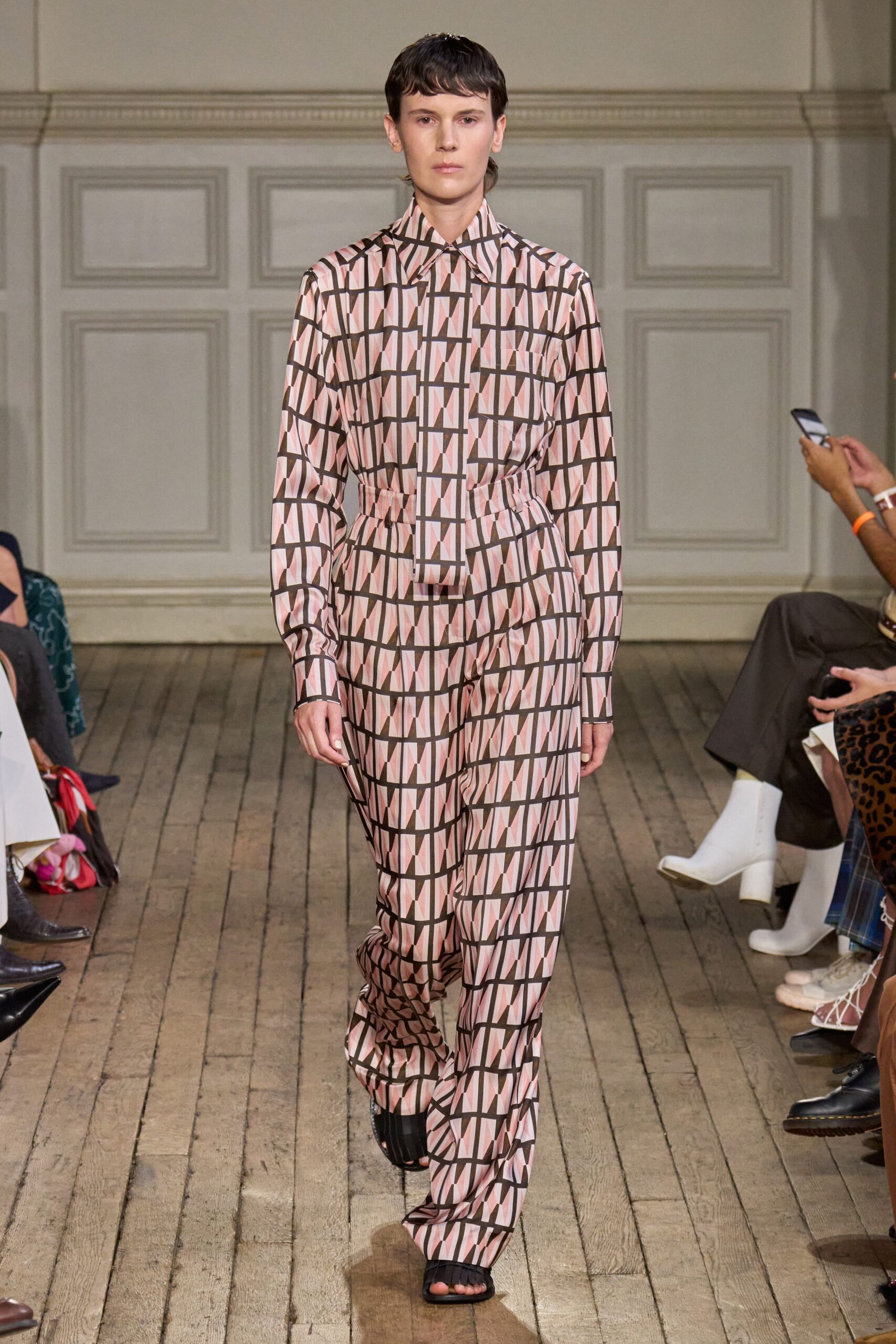pink cotton long-sleeve collared fitted printed jumpsuit