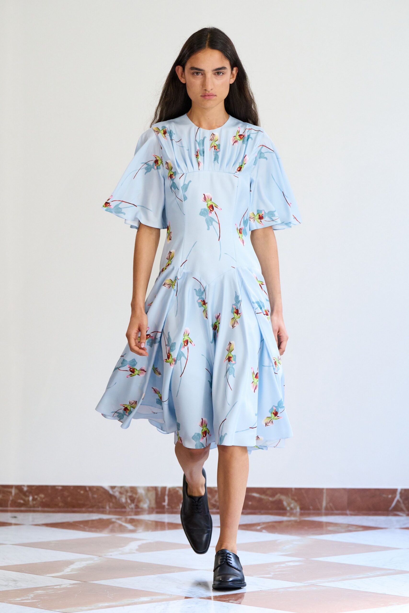 blue silk short-sleeve high-neck fitted flared embroidered dress