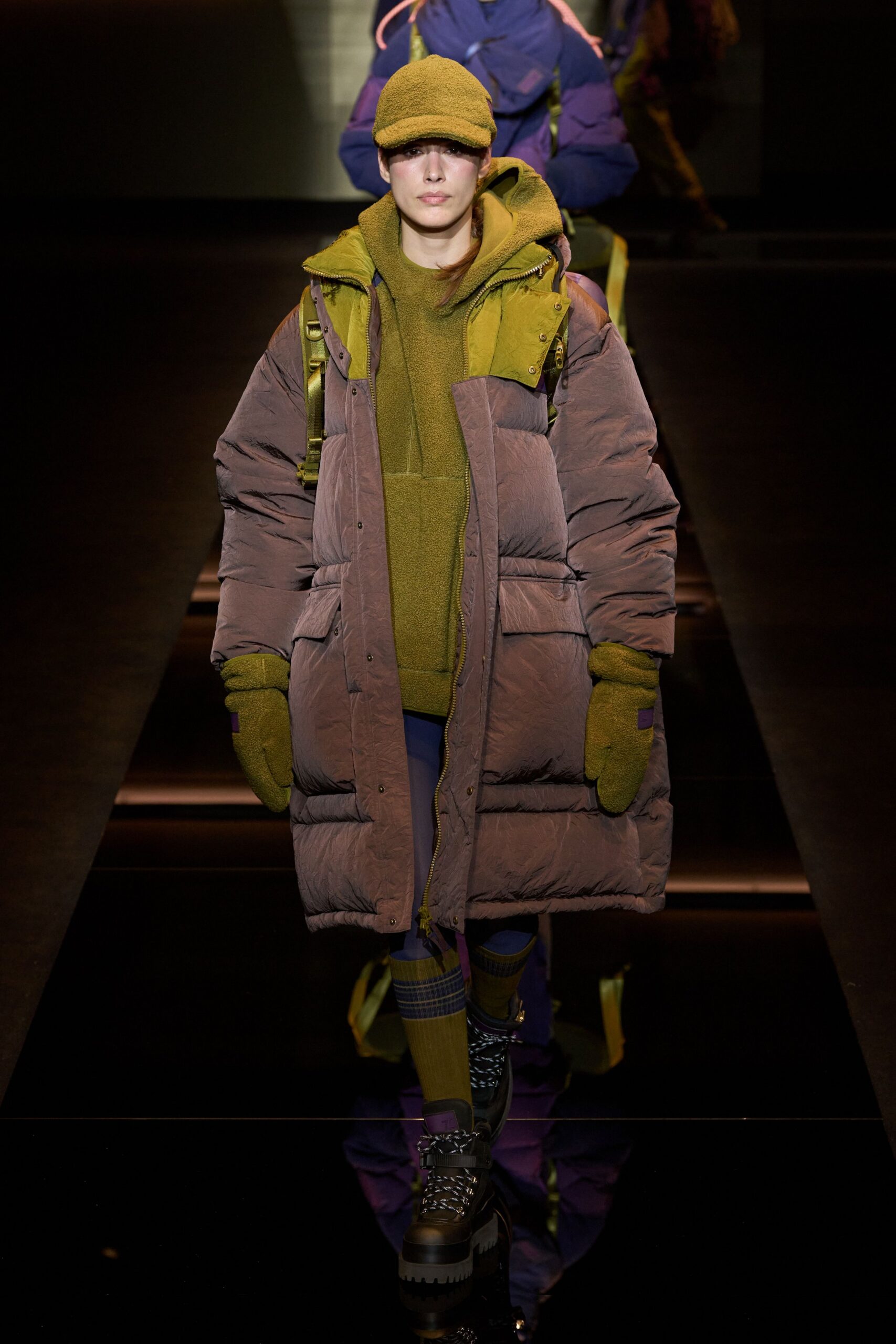 brown faux-fur coat with green hoodie