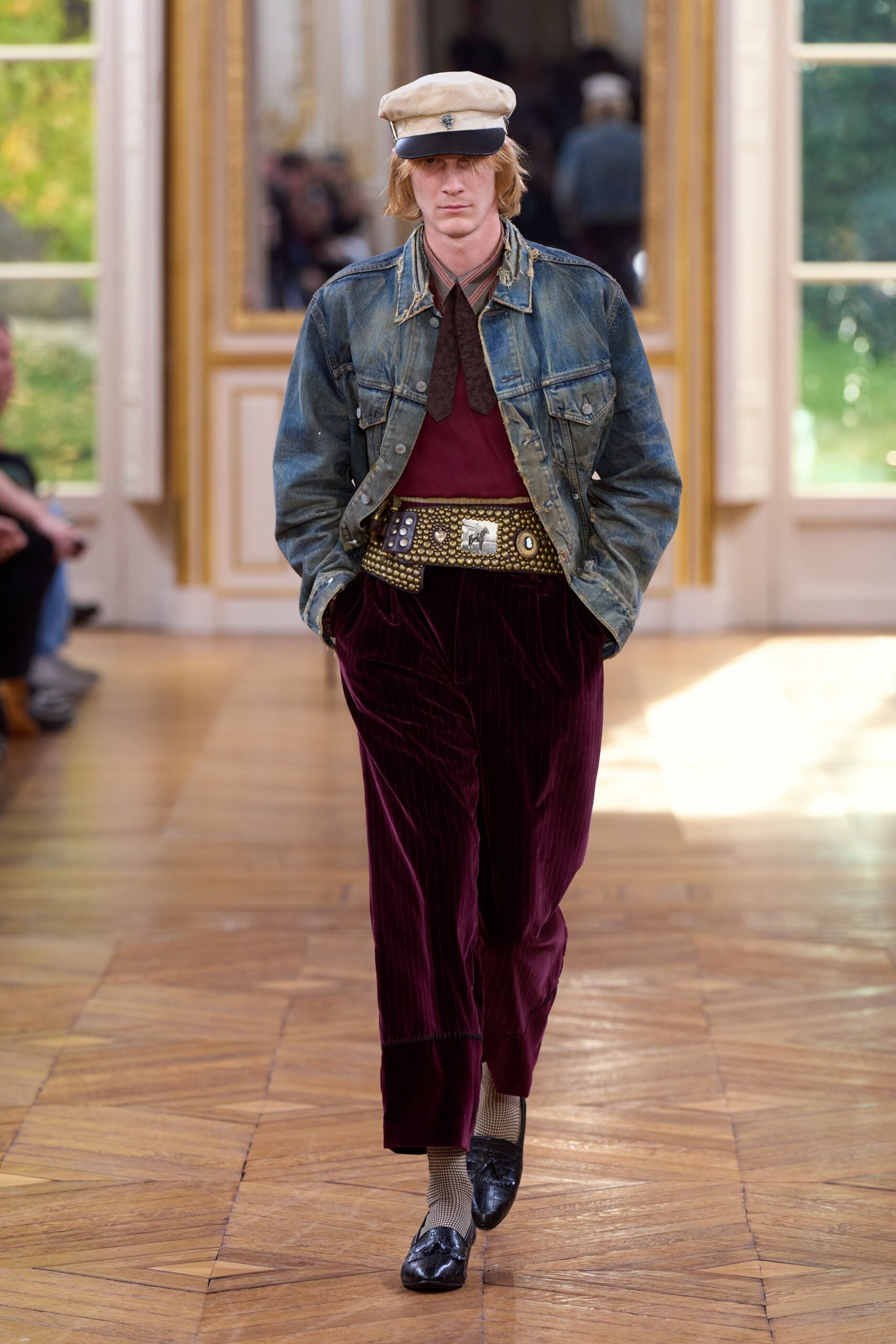 blue denim jacket with maroon pants