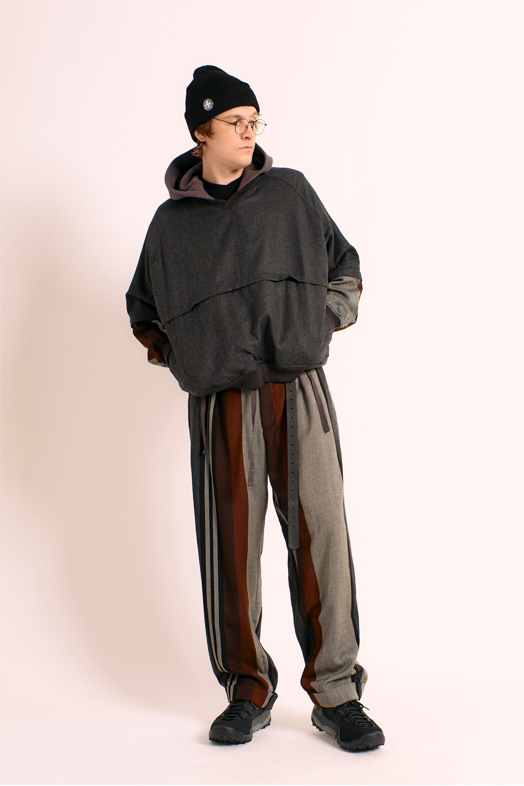 gray relaxed hoodie with striped pants