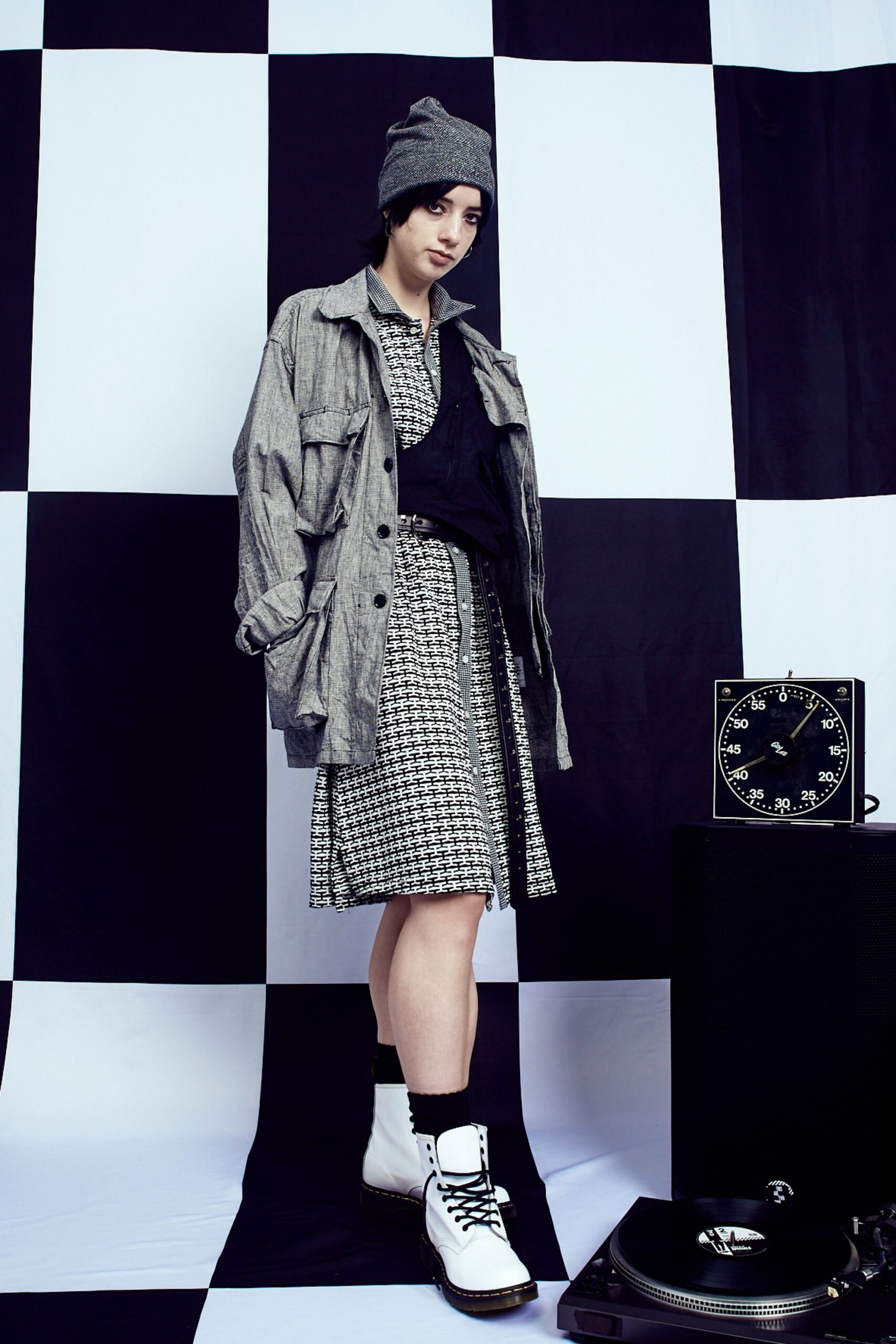 gray relaxed jacket with checked dress