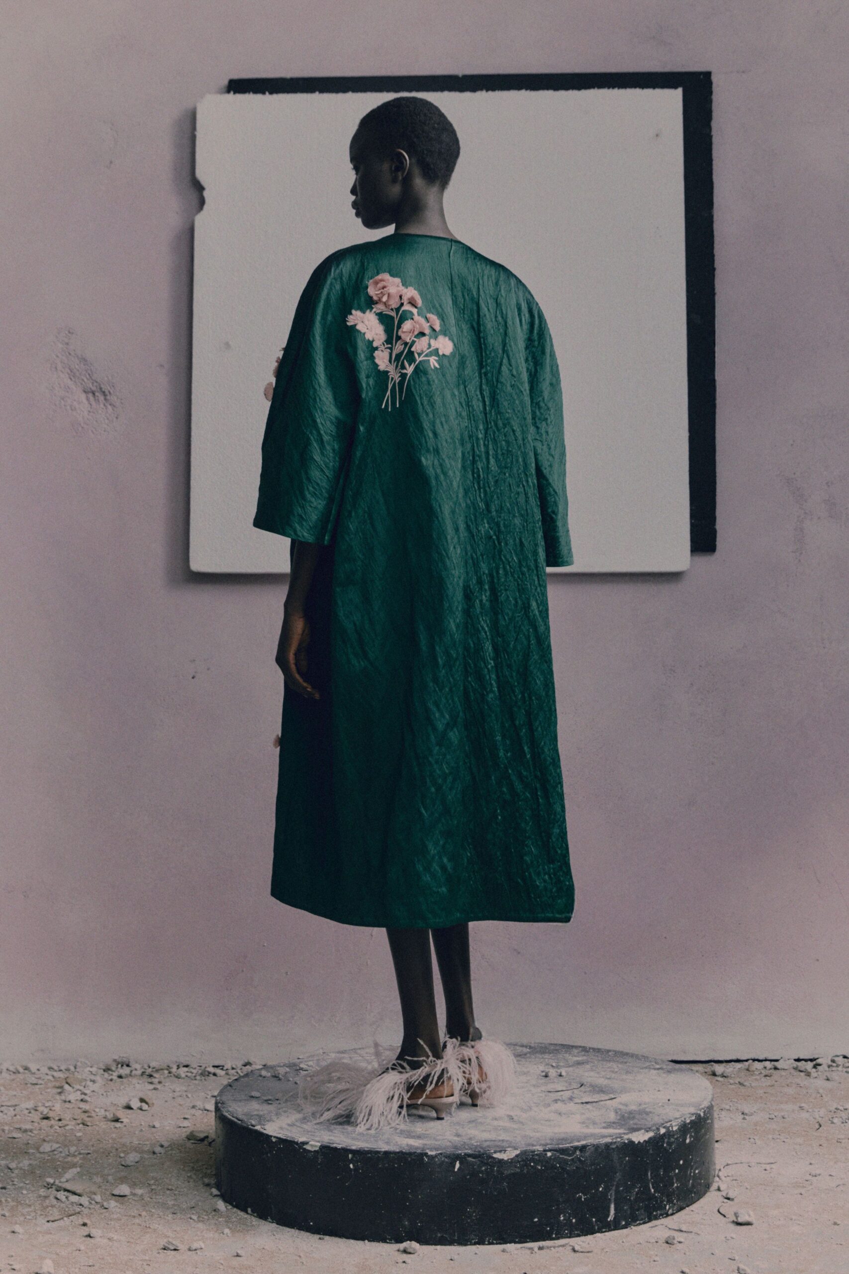 green silk long-sleeve collared relaxed embroidered maxi dress