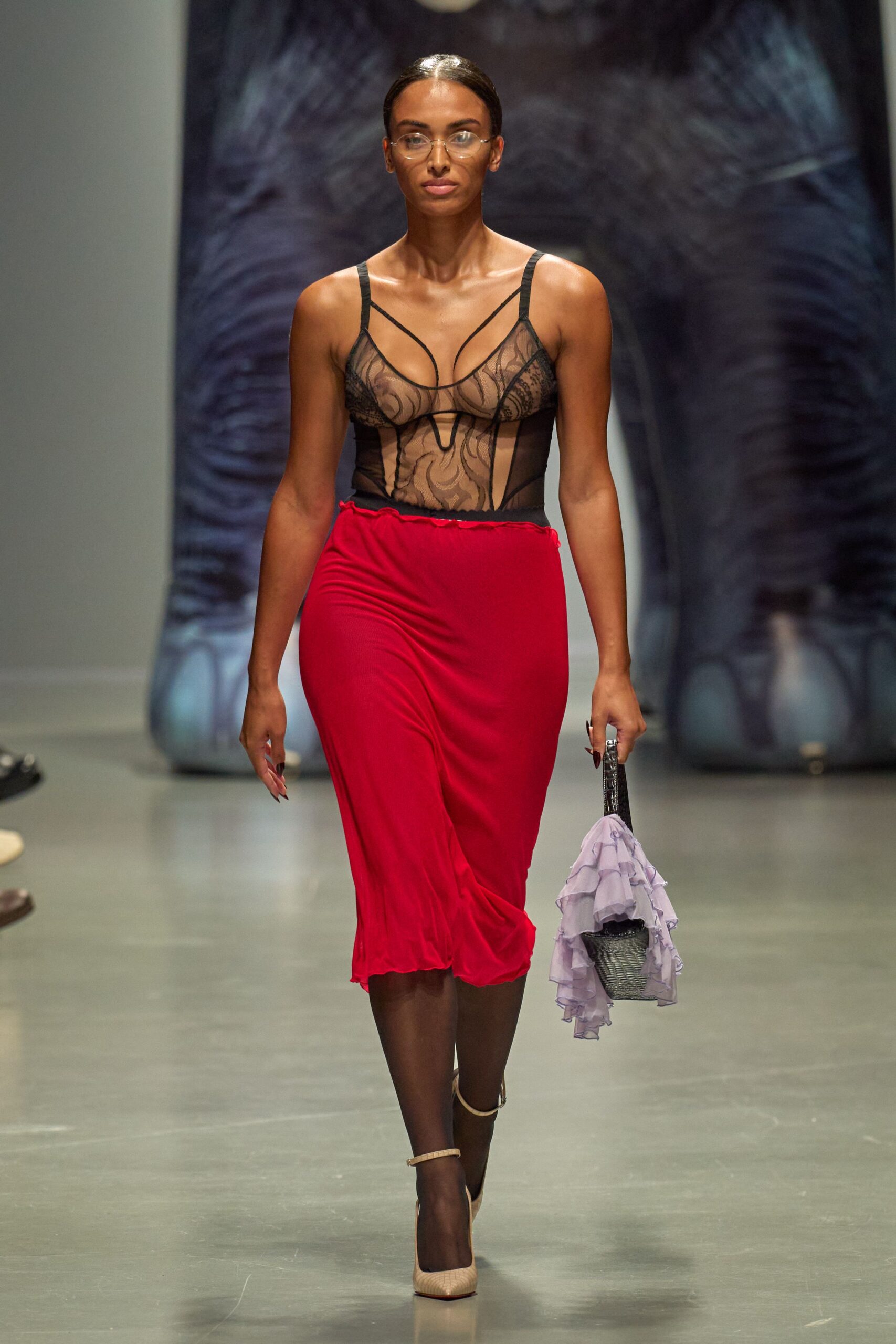 red silk fitted ruched midi skirt