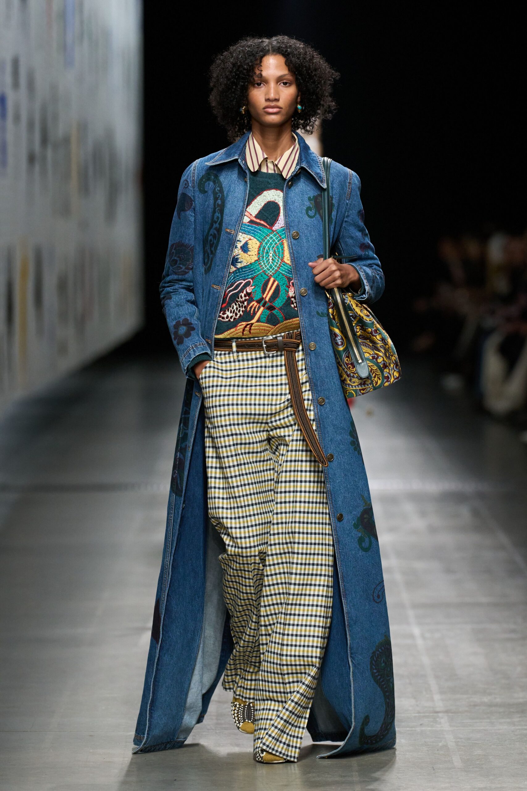blue denim long-sleeve collared relaxed printed maxi coat