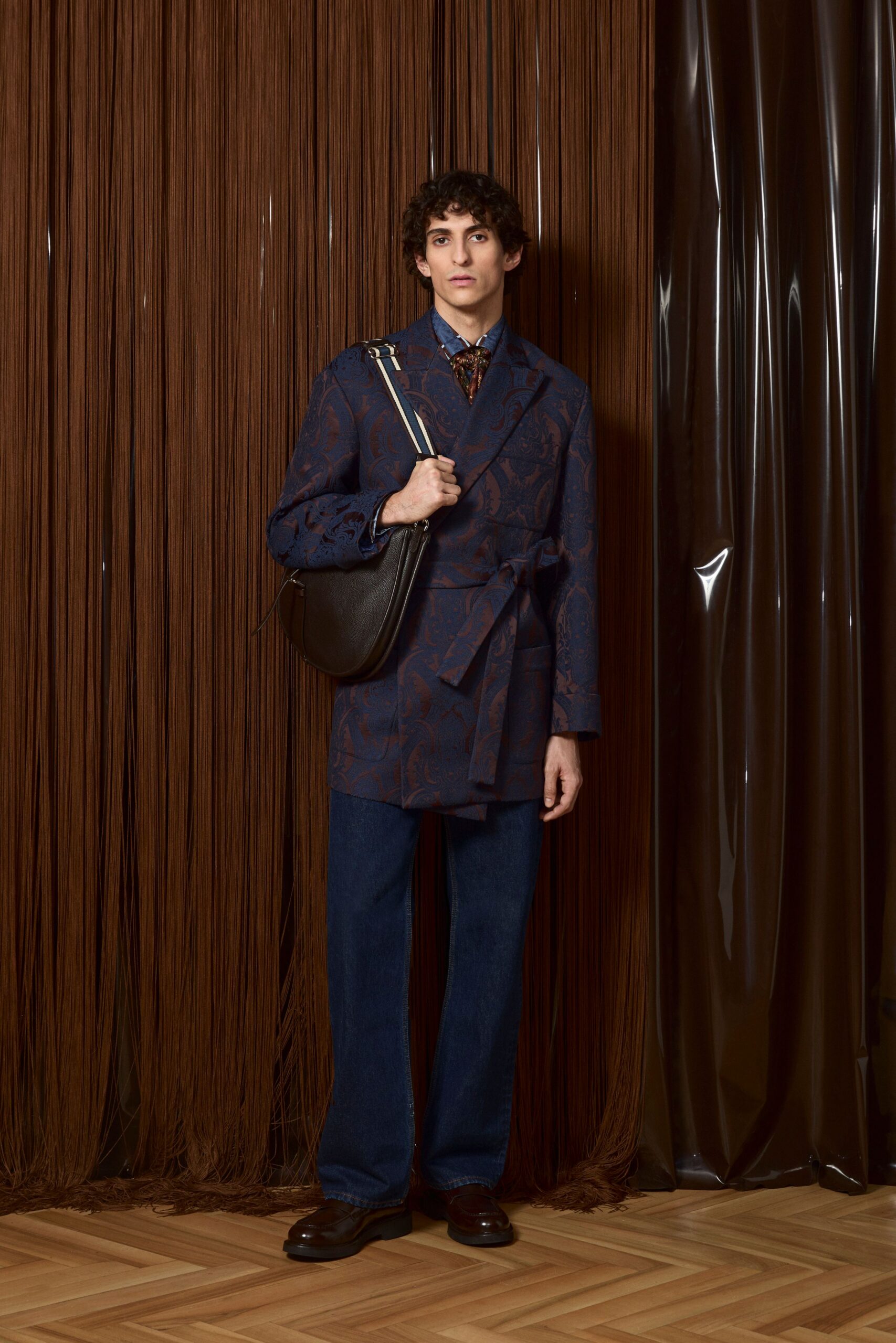 blue cotton long-sleeve collared tailored printed belted blazer