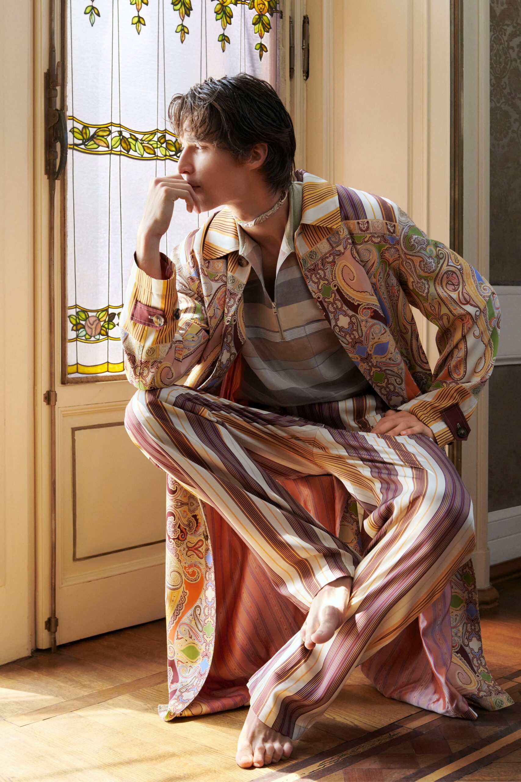 multi silk long-sleeve oversized printed coat