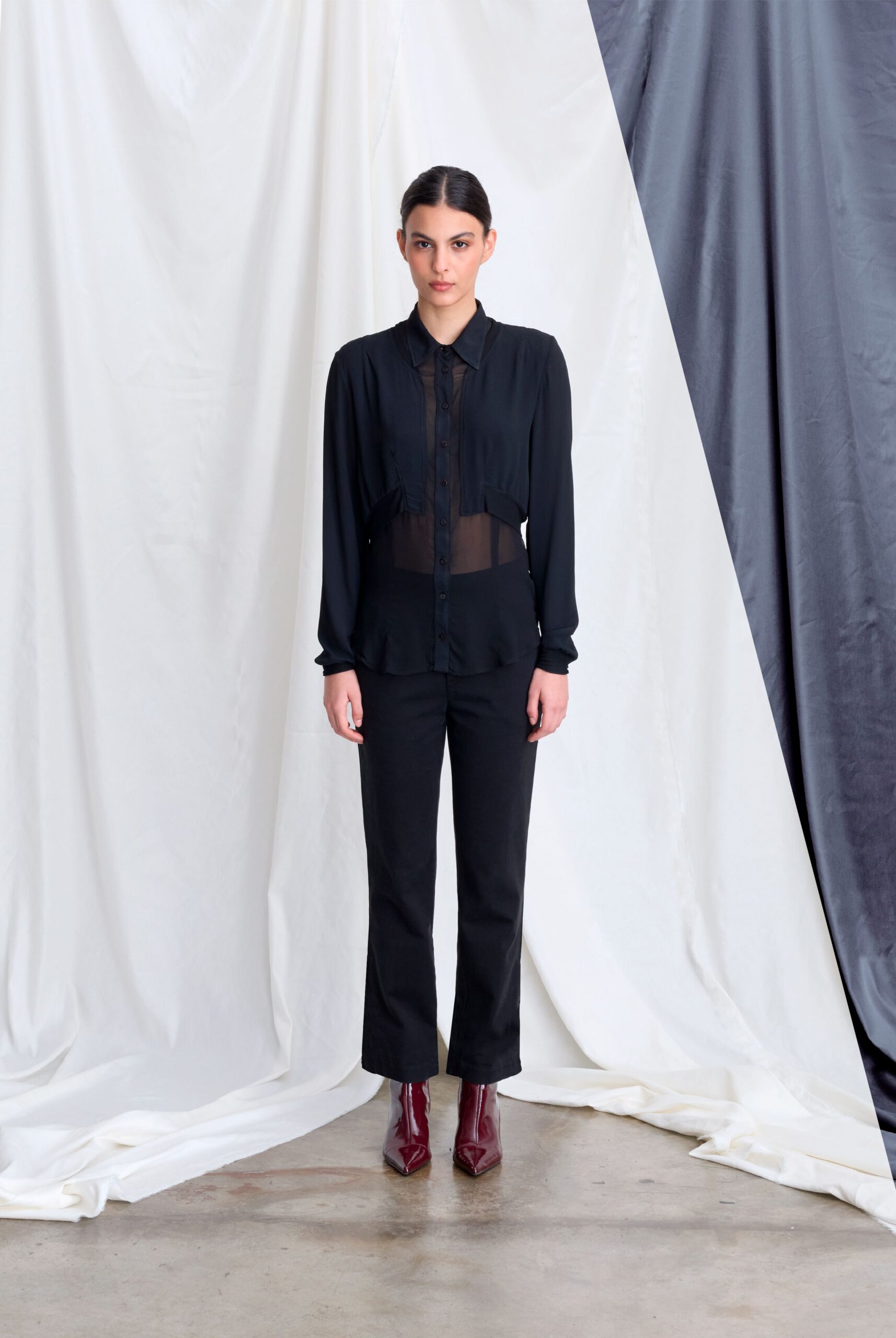 black silk long-sleeve collared fitted pleated sheer shirt