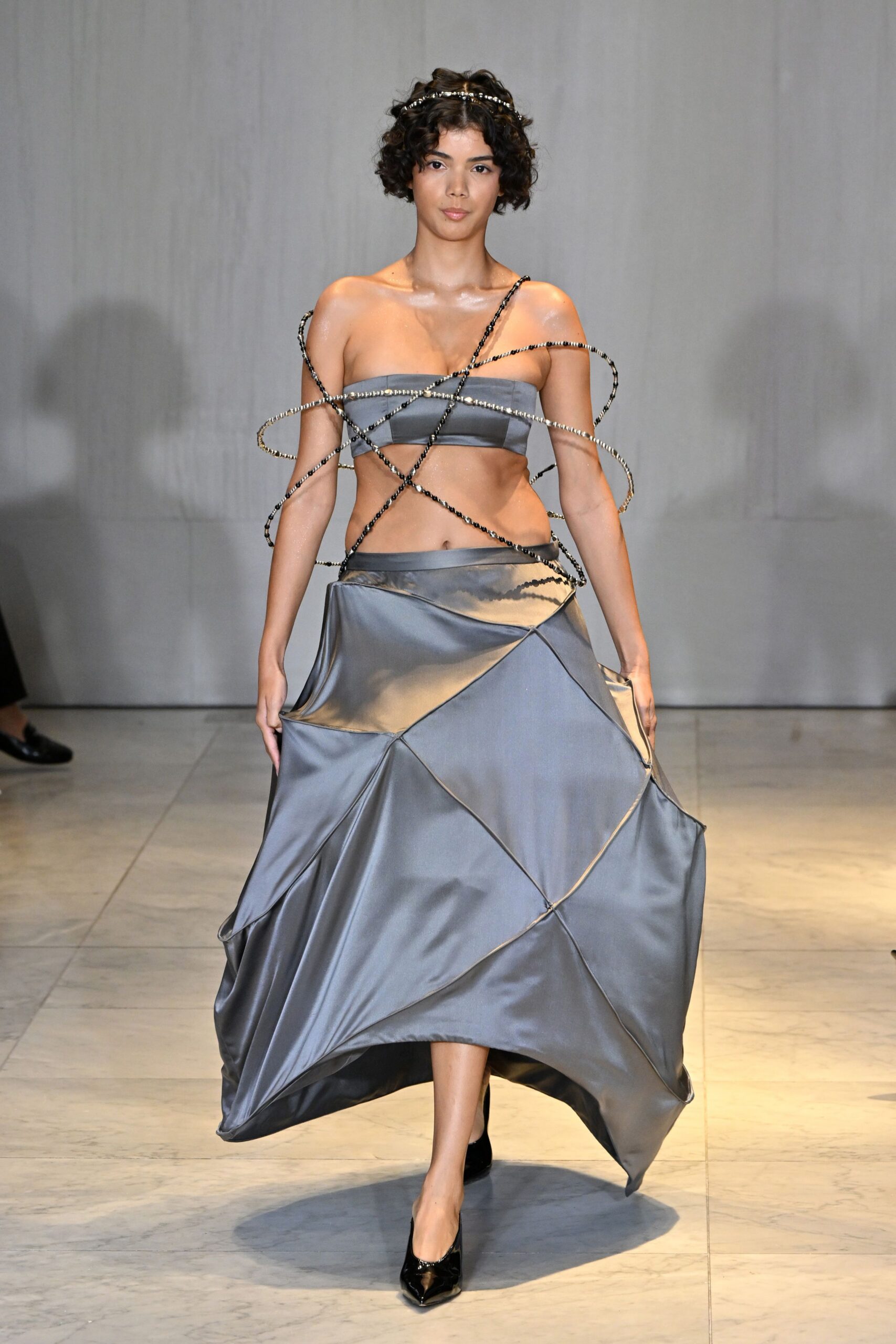 gray satin strapless asymmetric fitted draped midi dress