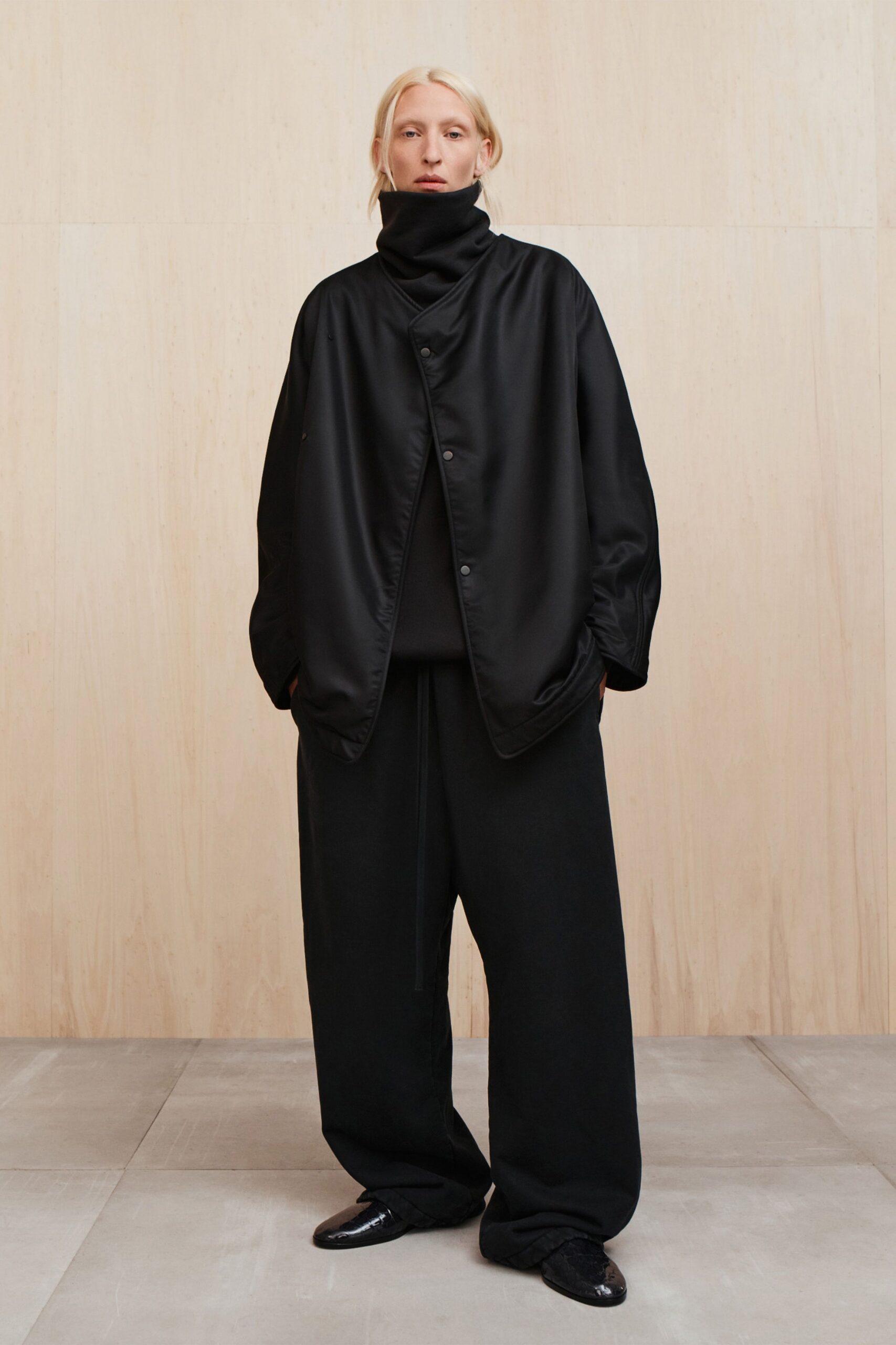 black oversized jacket and relaxed pants