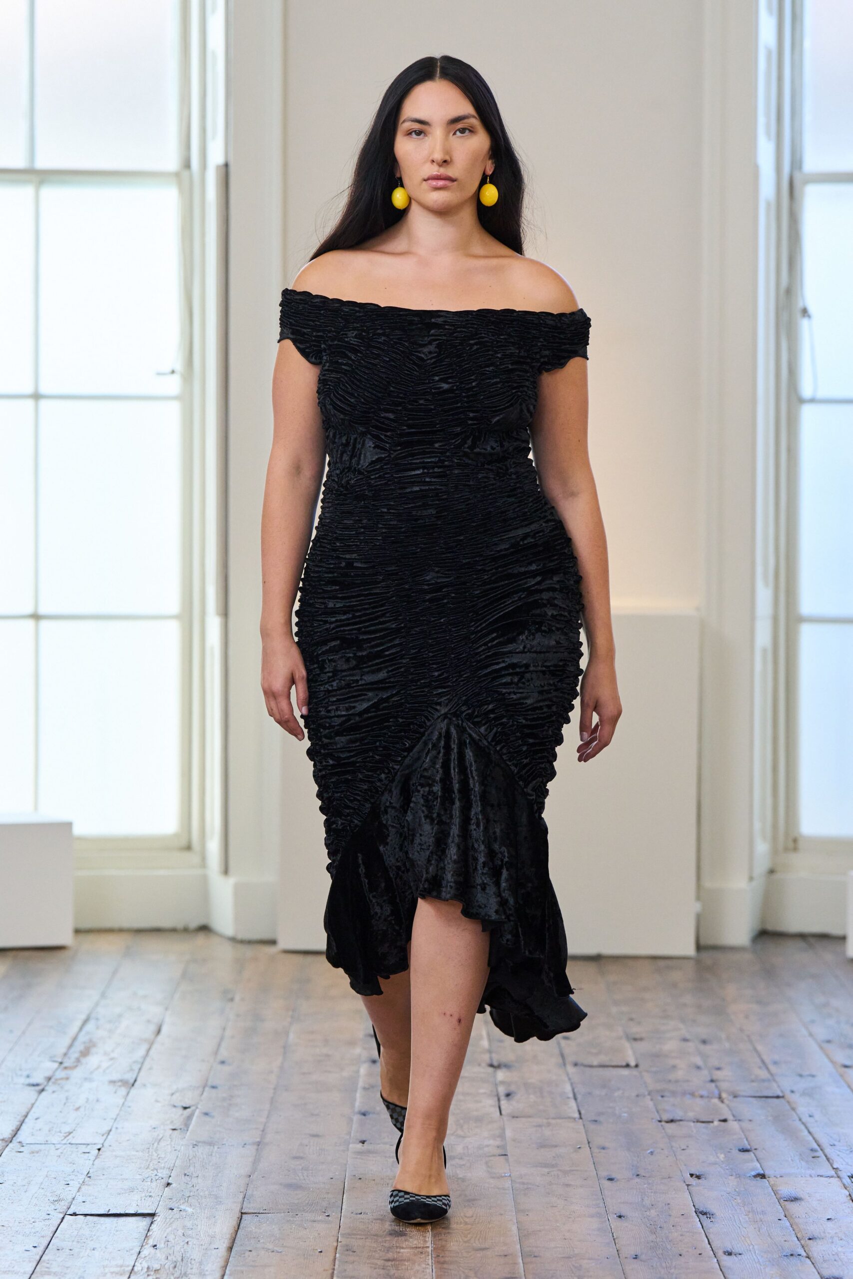 black velvet off-shoulder gown