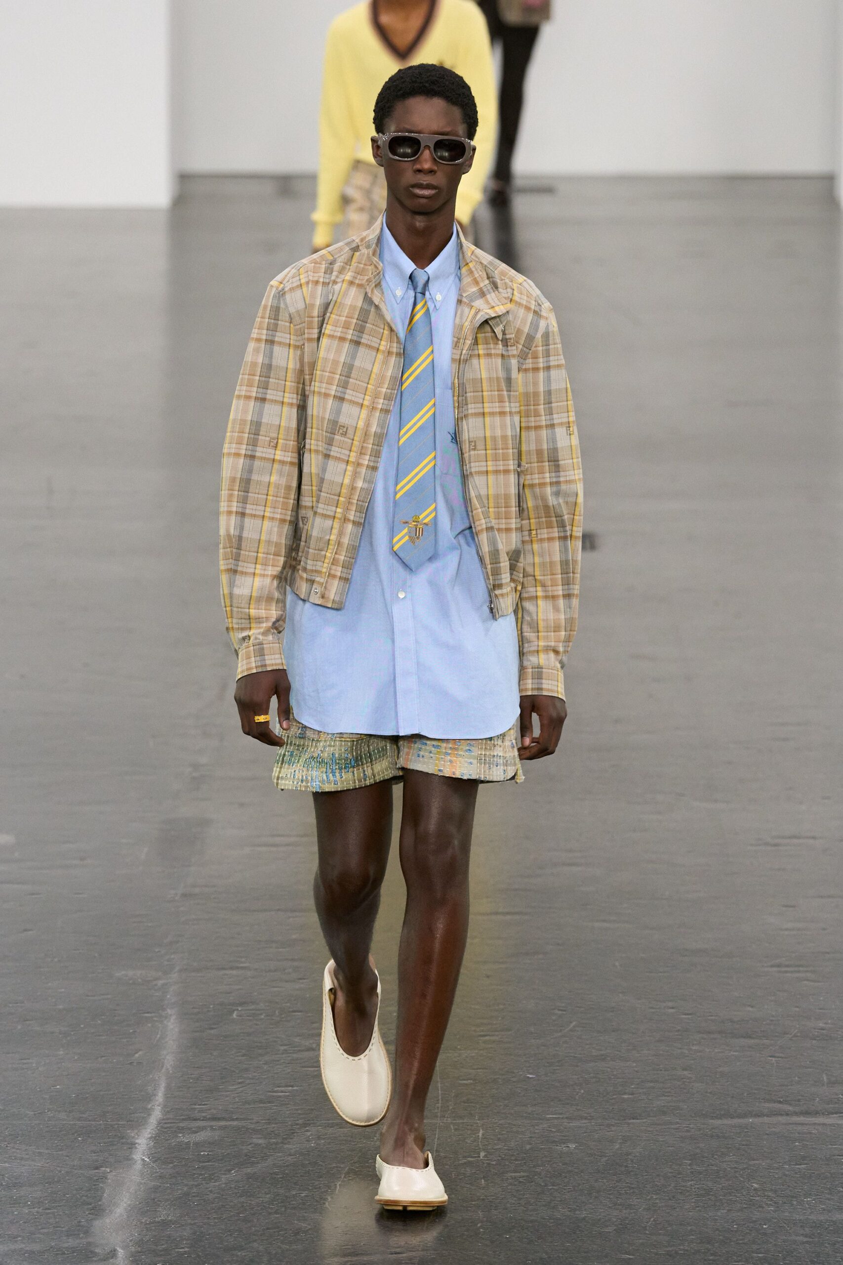 beige checked jacket with blue shirt