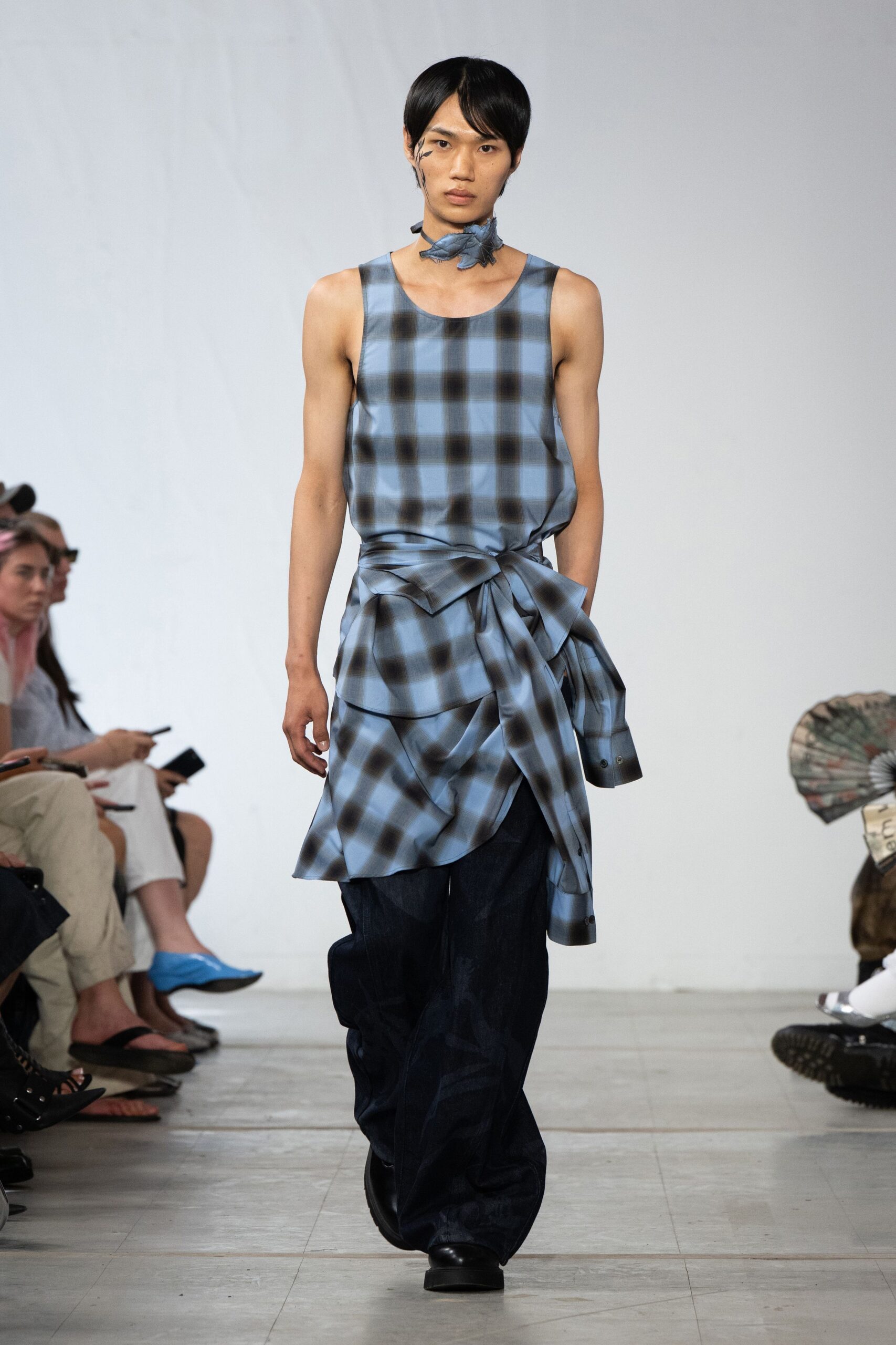 blue checked sleeveless top with relaxed pants