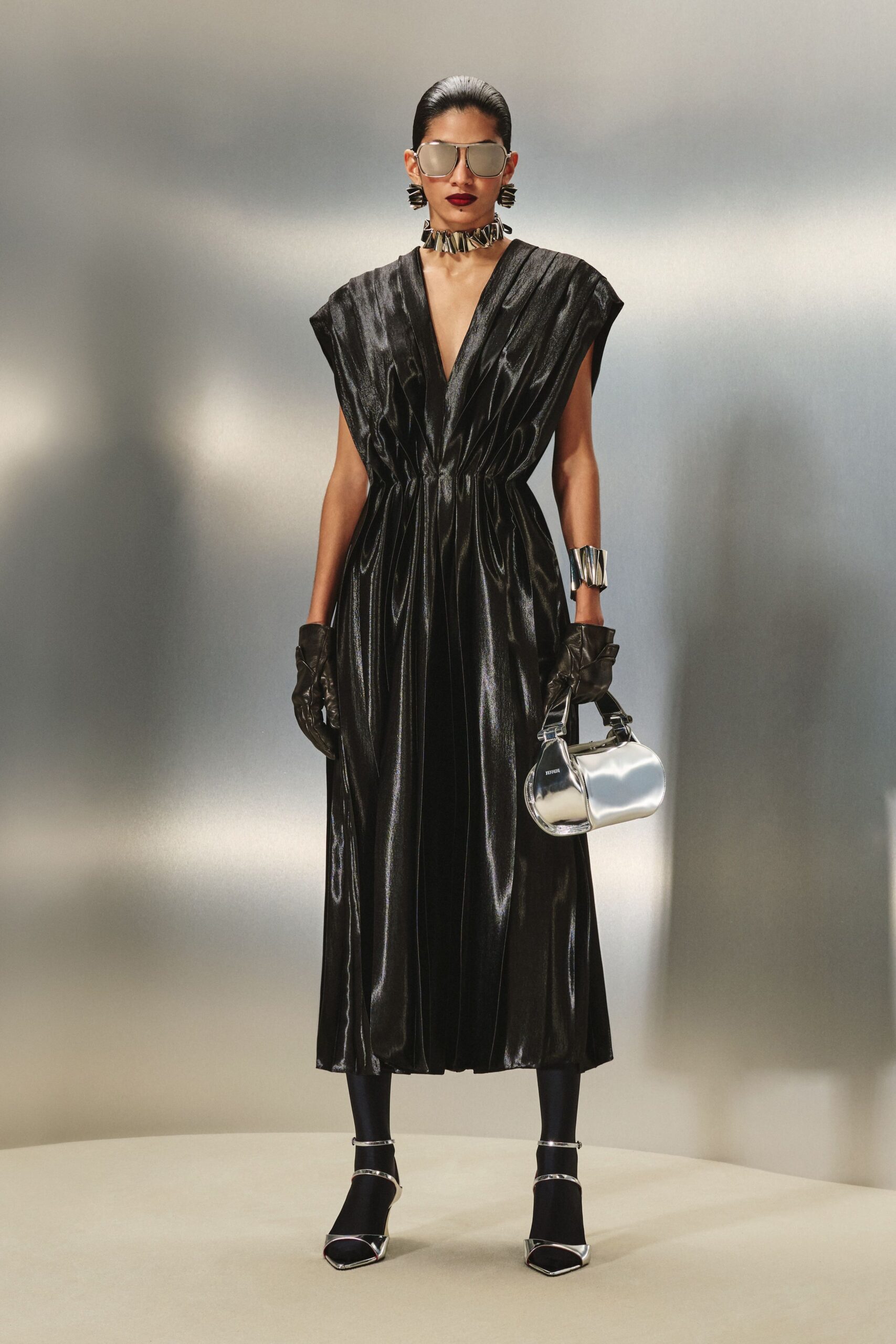 black silk sleeveless v-neck fitted draped shiny dress