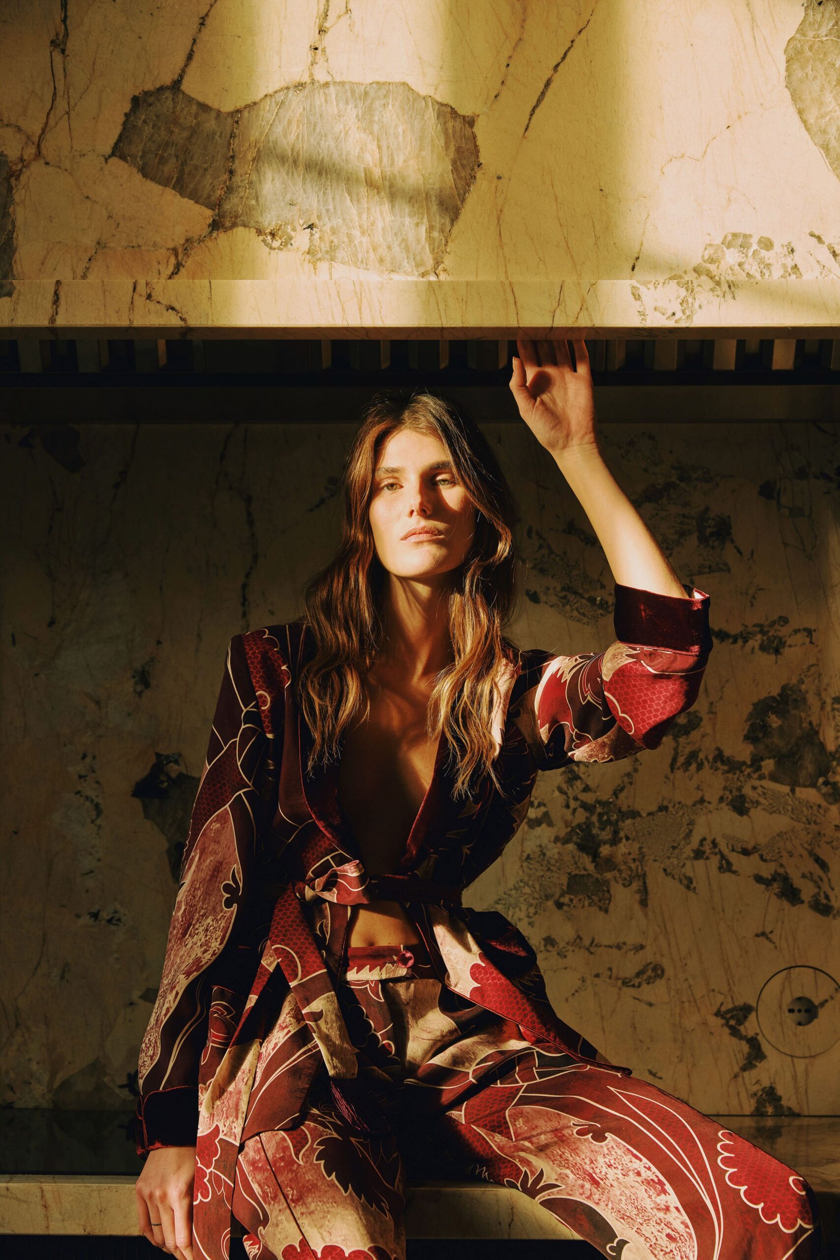 red silk long-sleeve v-neck fitted floral buttoned blouse