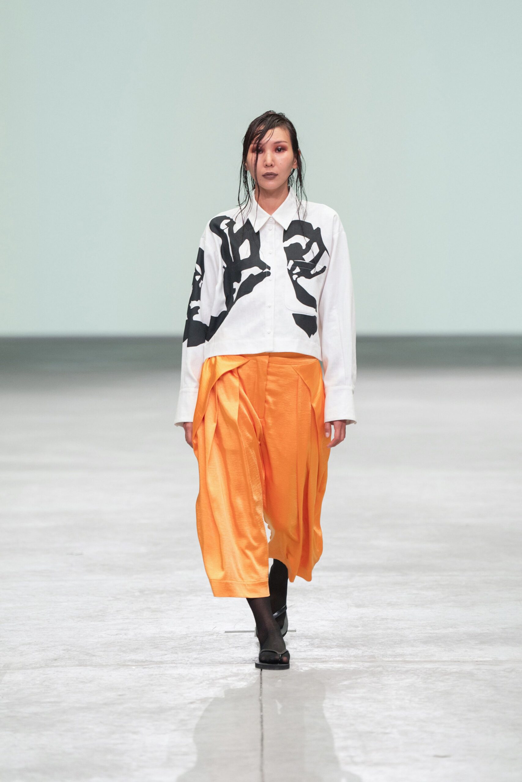 orange silk relaxed pleated pants