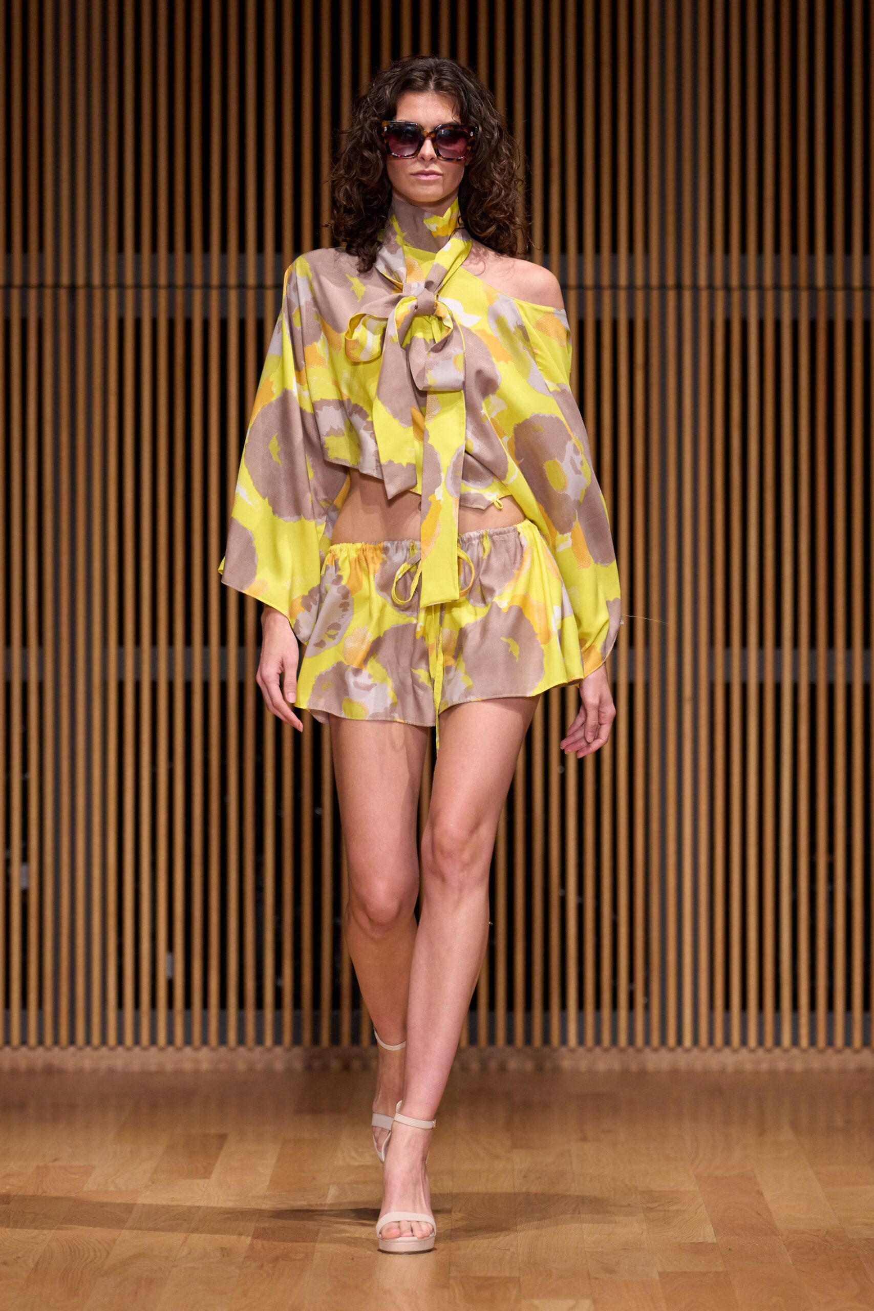 yellow silk off-shoulder long-sleeve fitted draped top