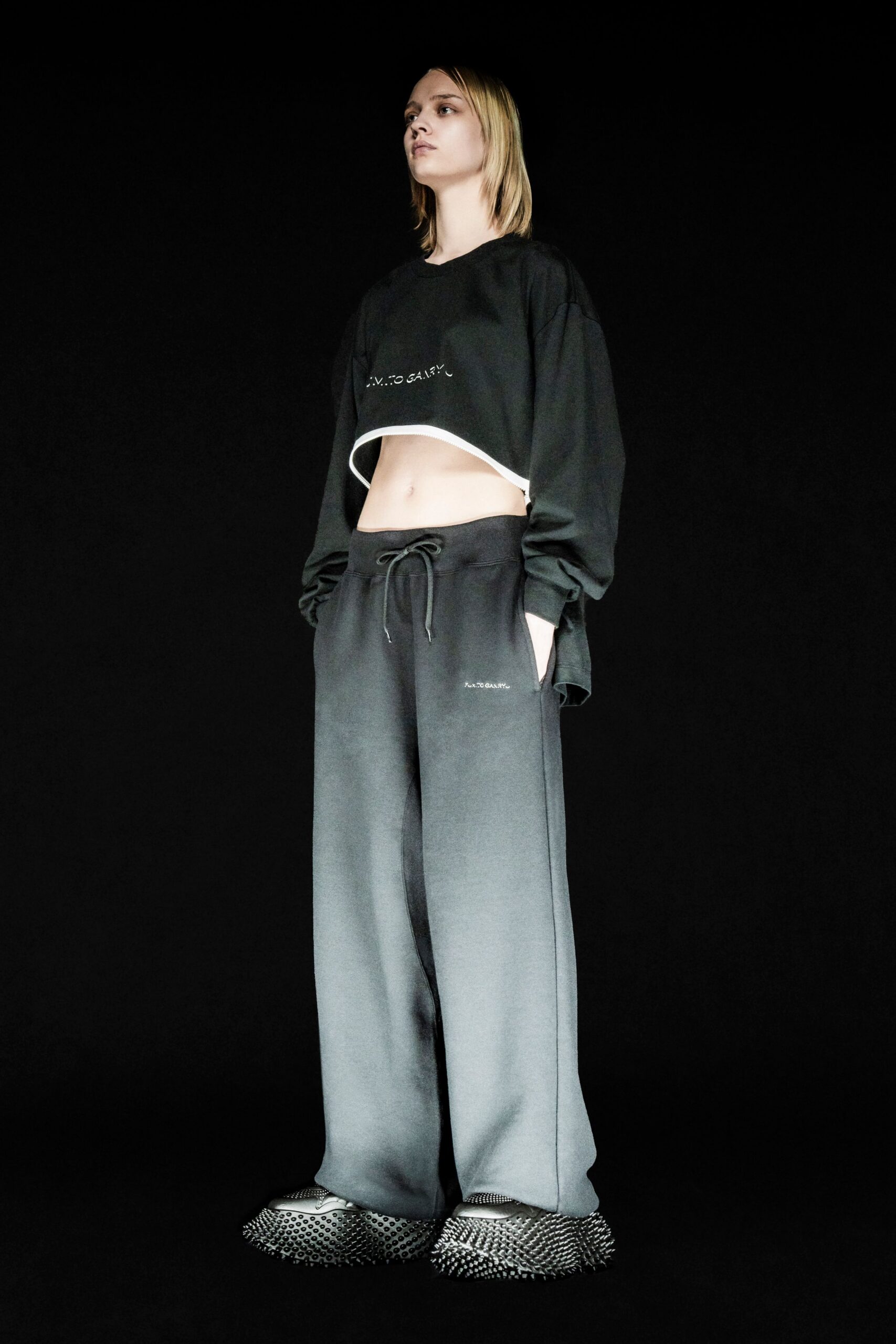 black cropped top and wide-leg pants