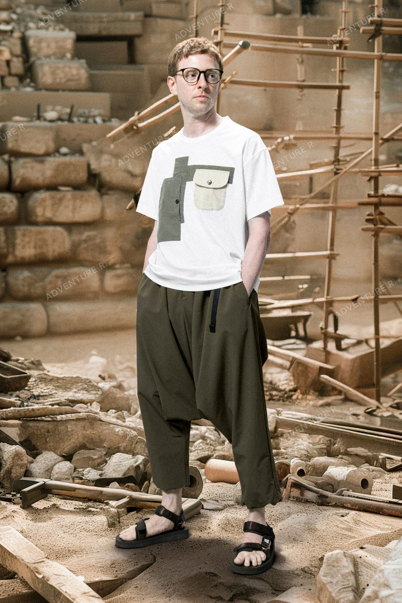 white relaxed t-shirt with green pants