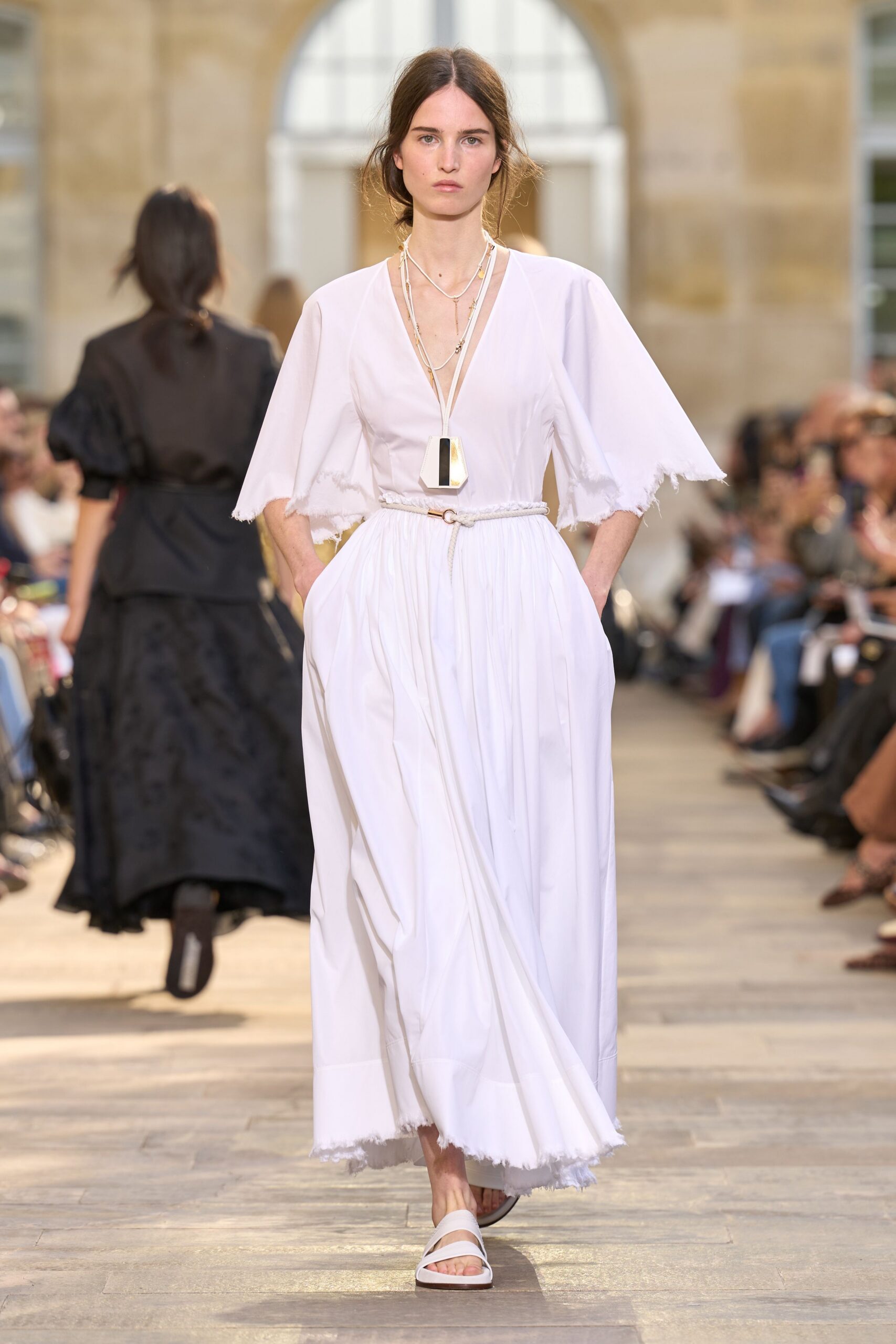 white cotton short-sleeve v-neck relaxed tiered belted dress