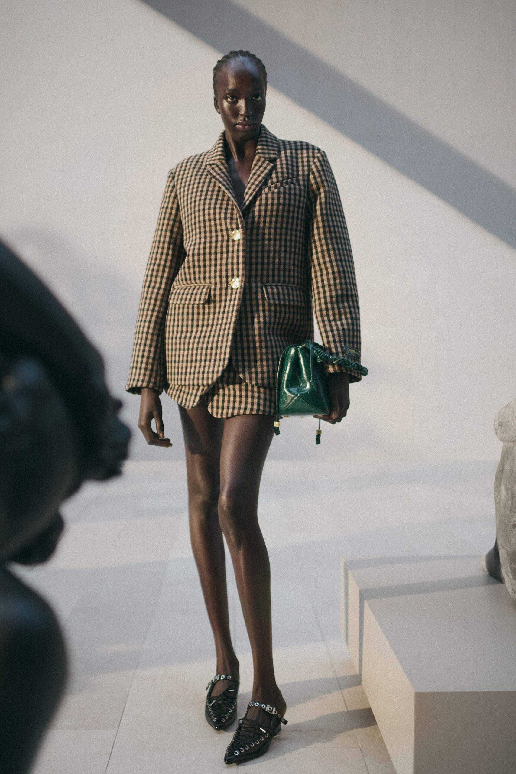 brown wool long-sleeve collared structured checked buttoned blazer