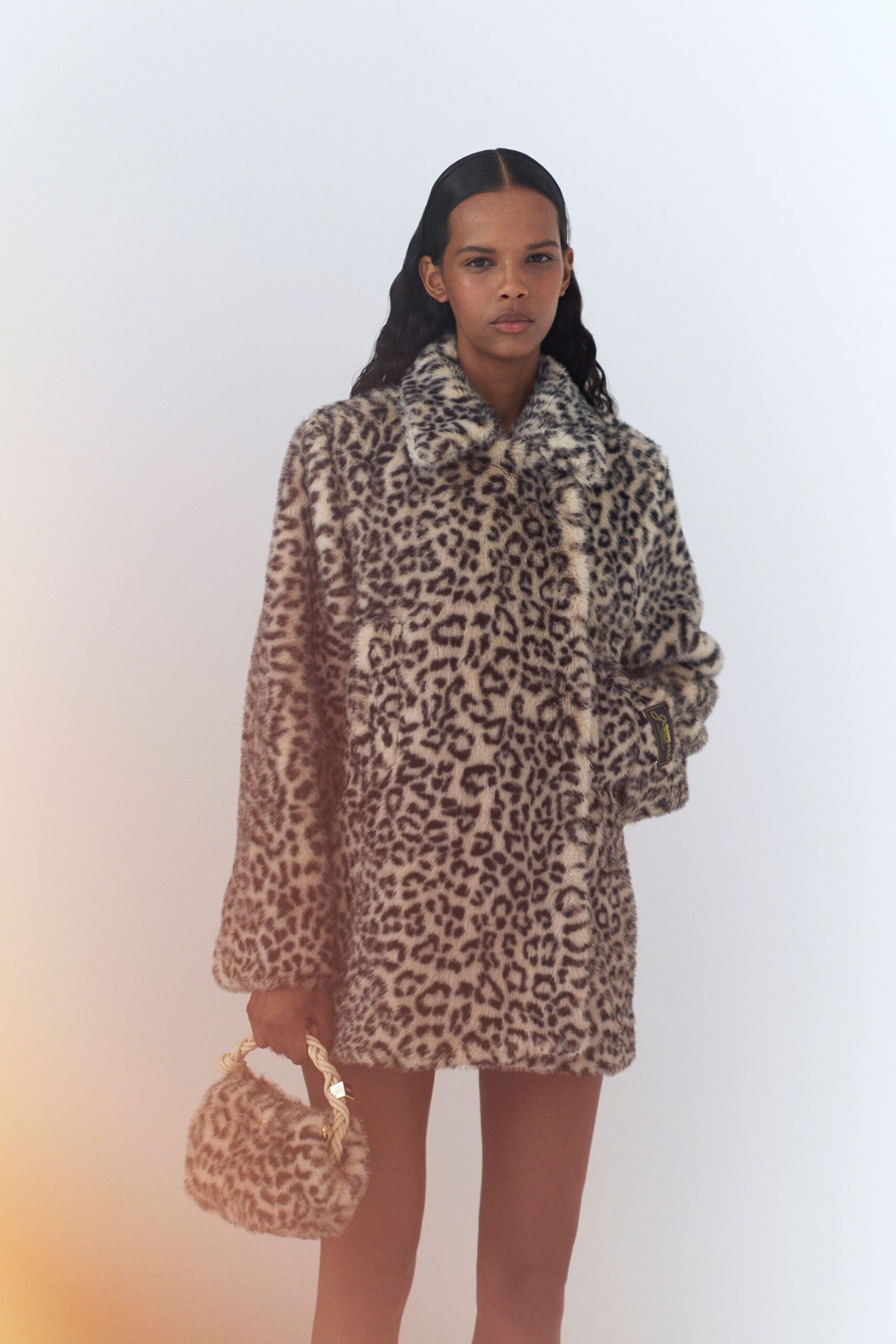 beige brown animal-print faux-fur coat