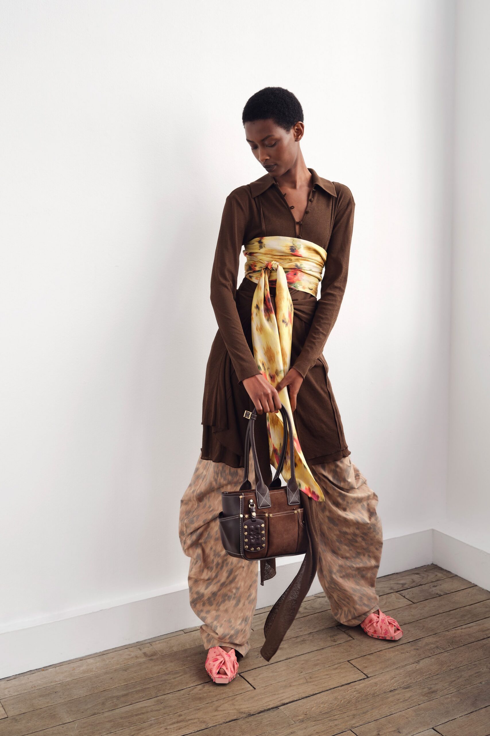 brown tiered dress with wide-leg pants