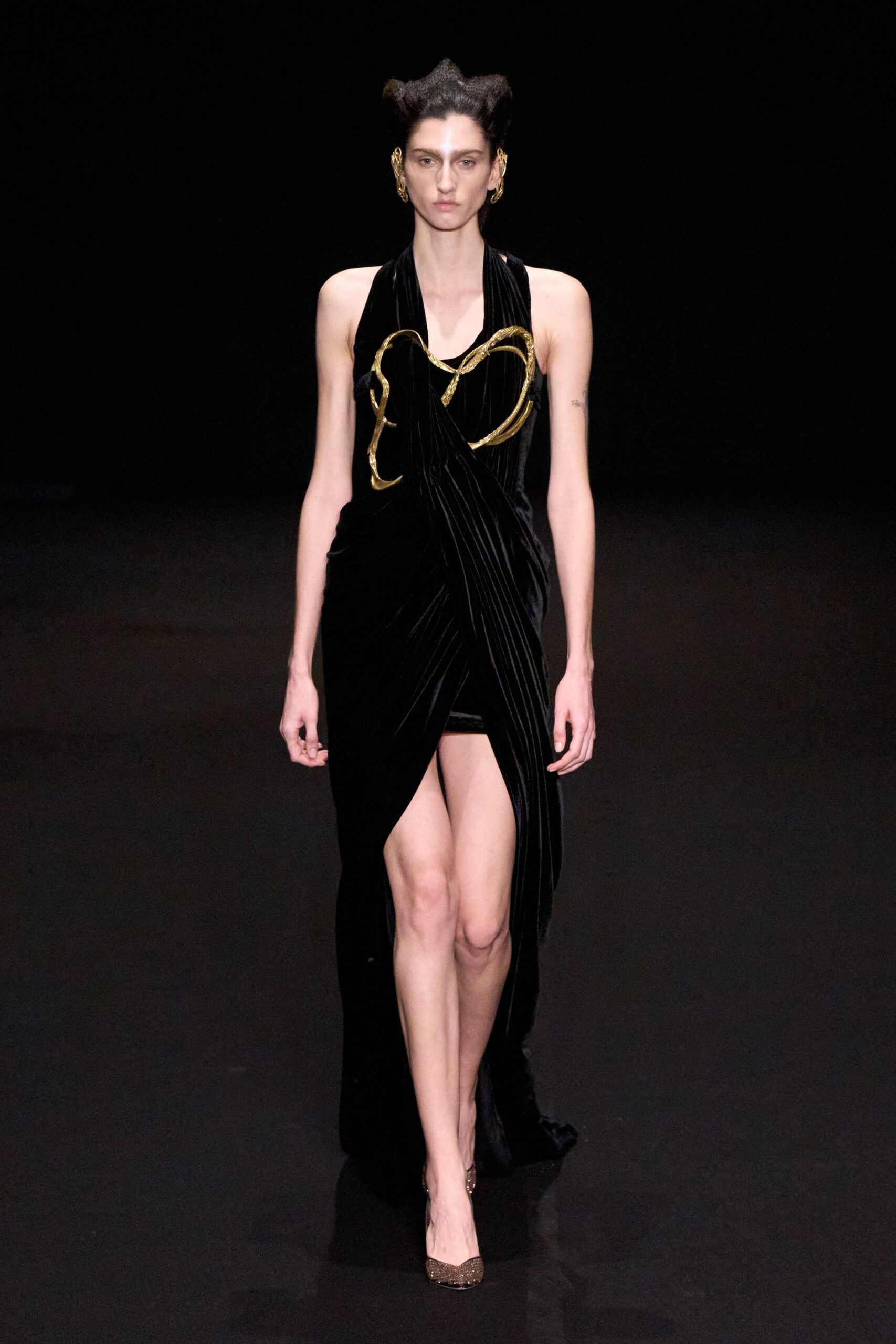 black velvet sleeveless gown