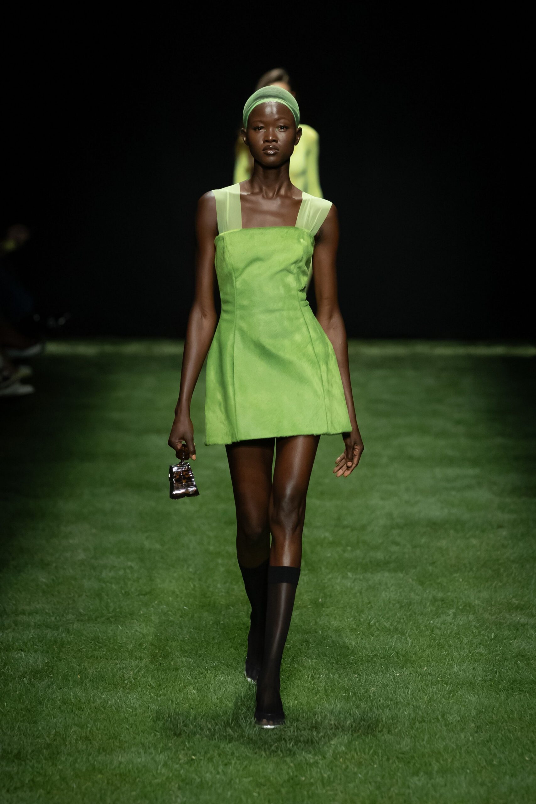 green cotton sleeveless square-neck fitted pleated mini dress