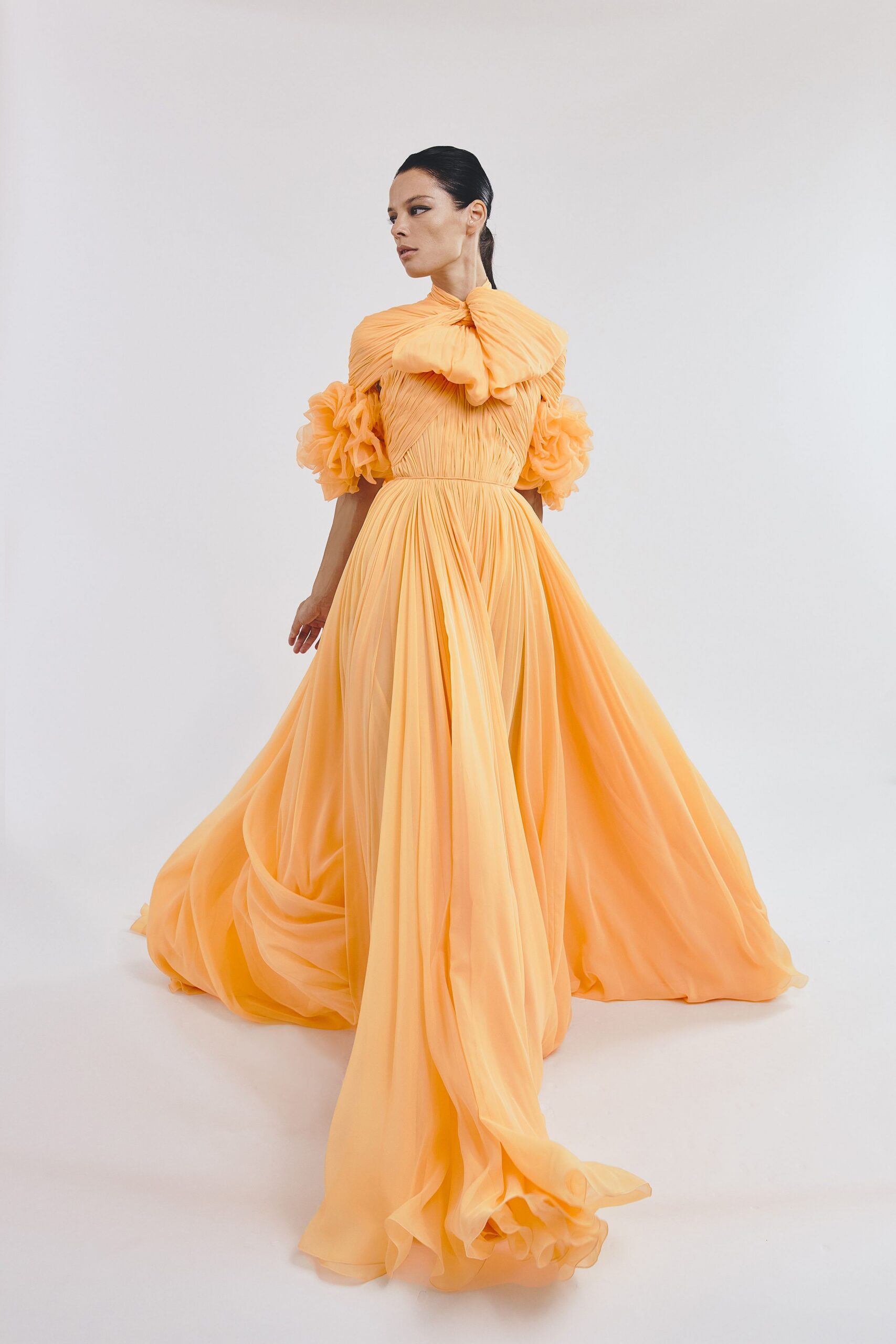 orange chiffon off-shoulder gown