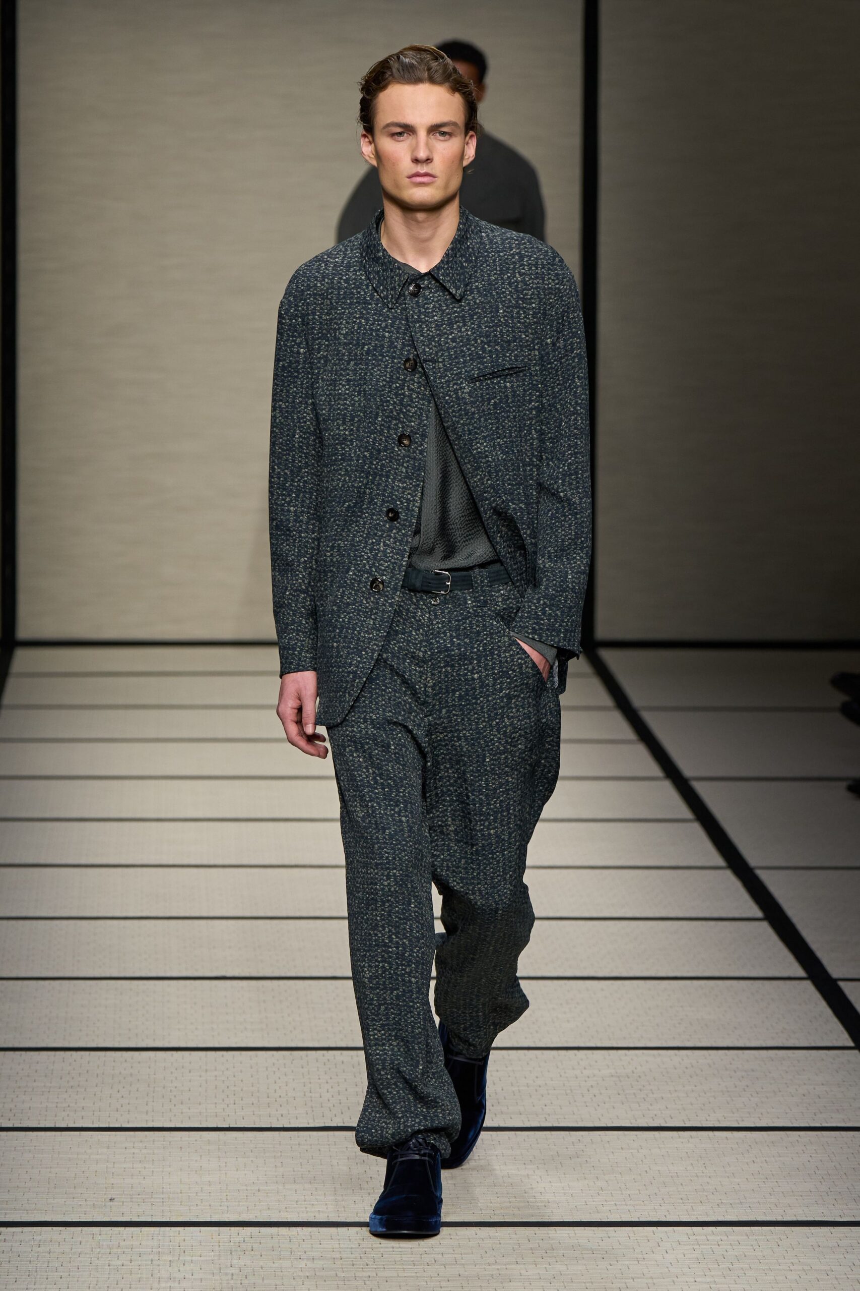 blue tweed suit with gray shirt