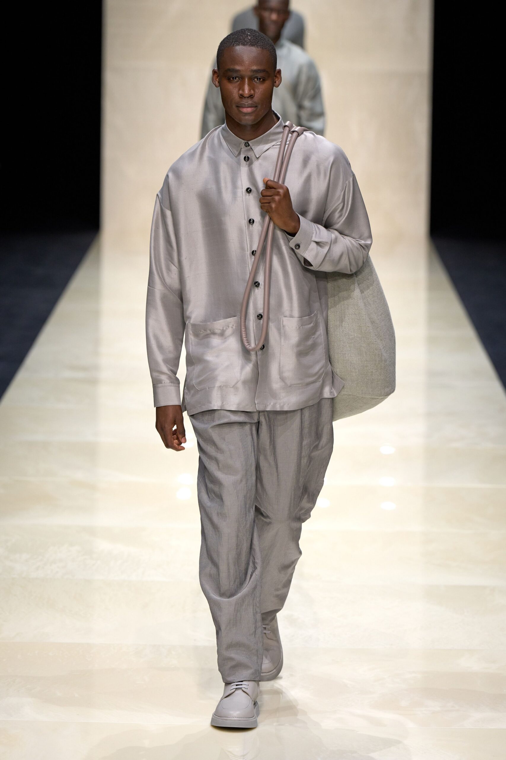 gray silk long-sleeve collared relaxed shiny shirt