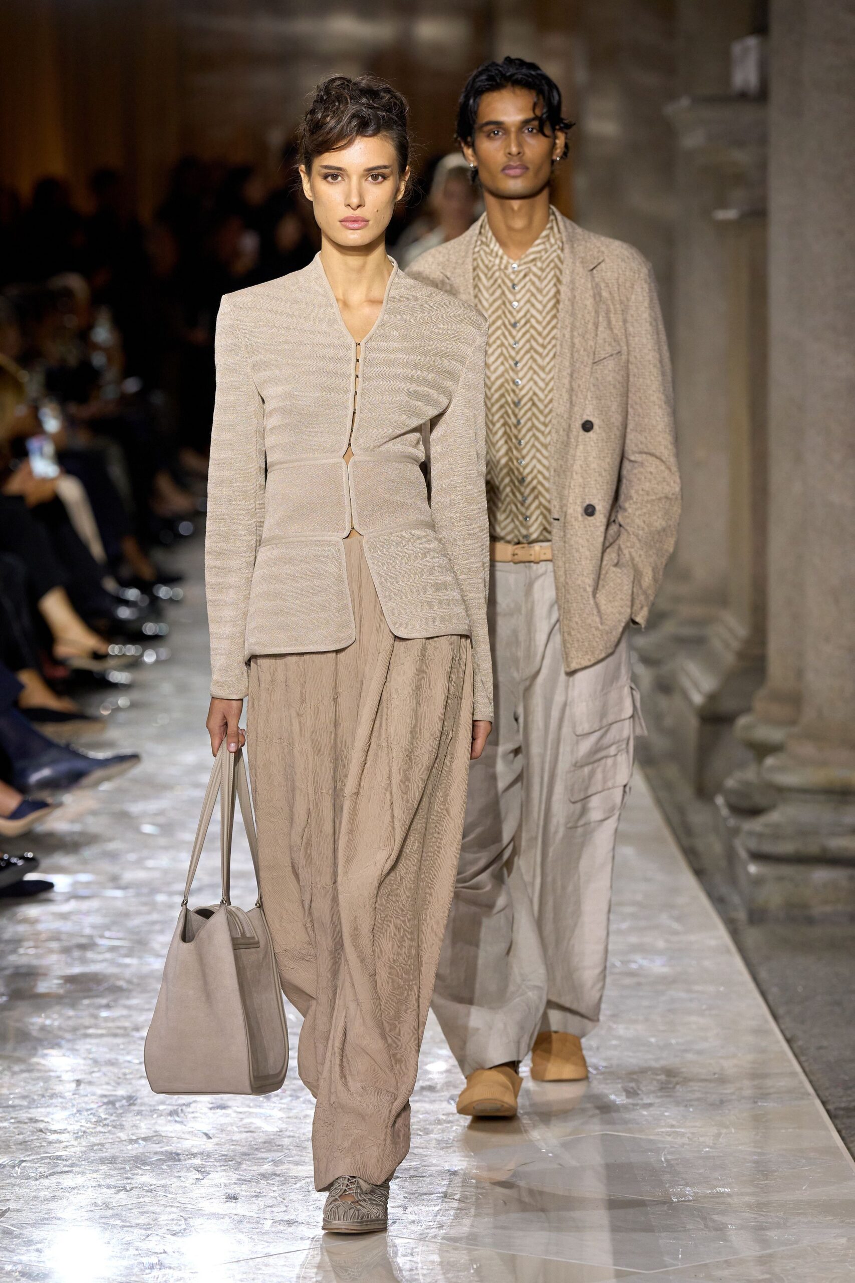 beige fitted blazer with relaxed pants
