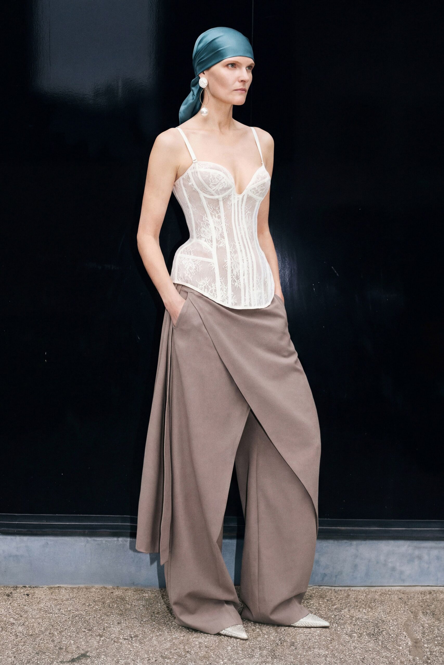 beige cotton relaxed high-waisted draped pants
